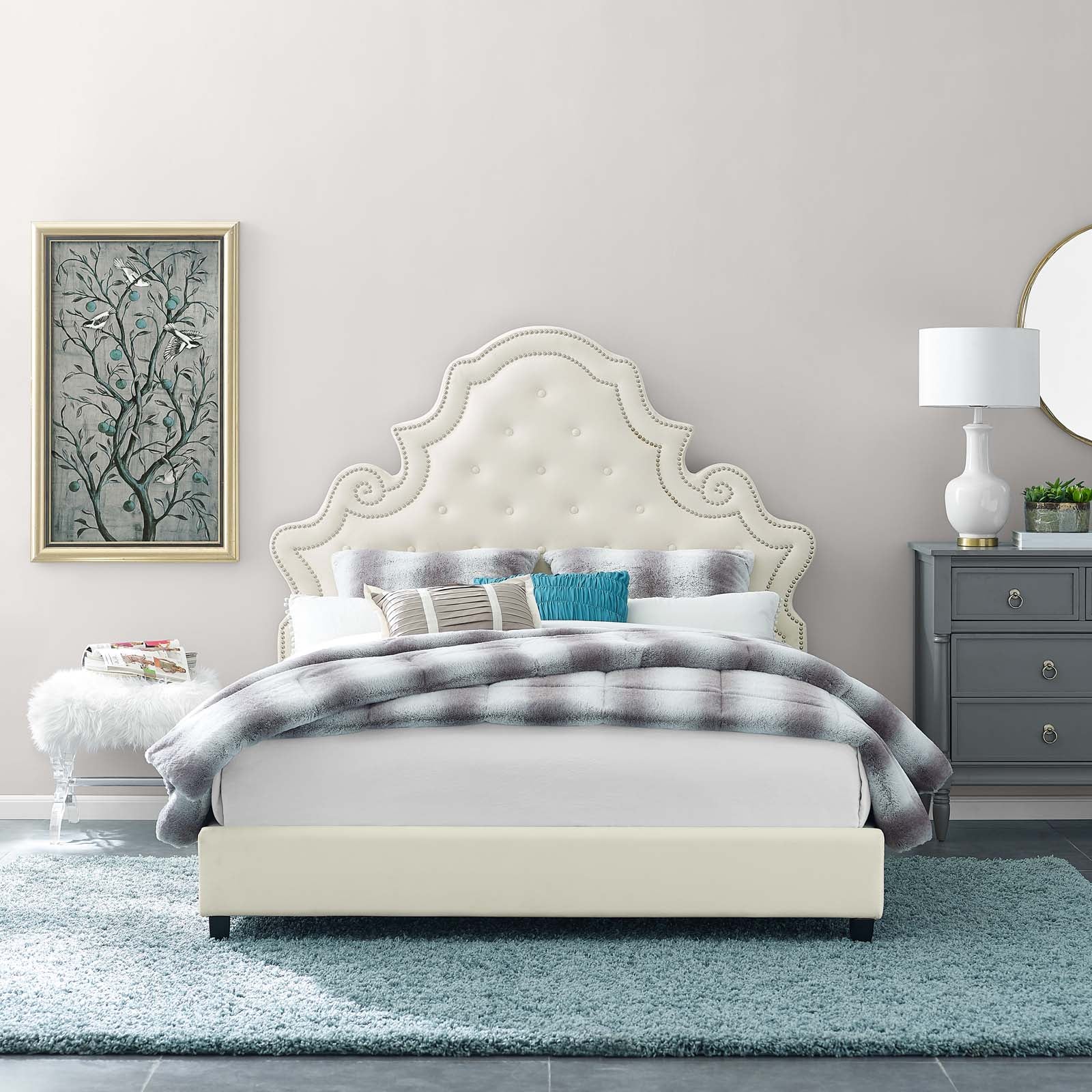 Marlowe Queen Size Upholstered Bed – Ivory Performance Velvet with Tufted Headboard