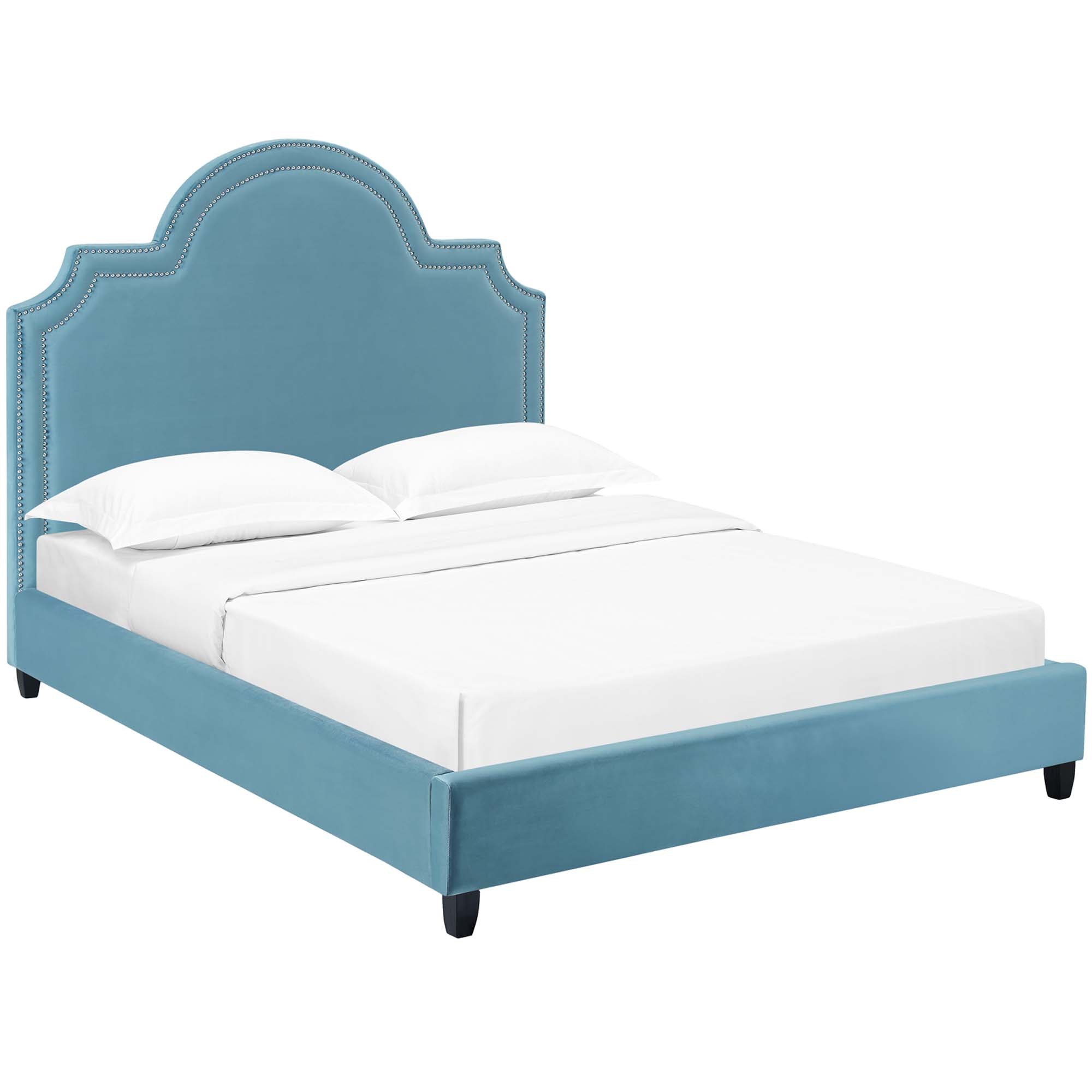 Bayport Queen Performance Velvet Platform Bed in Sea Blue – Luxury Upholstered Frame with Wood Slats