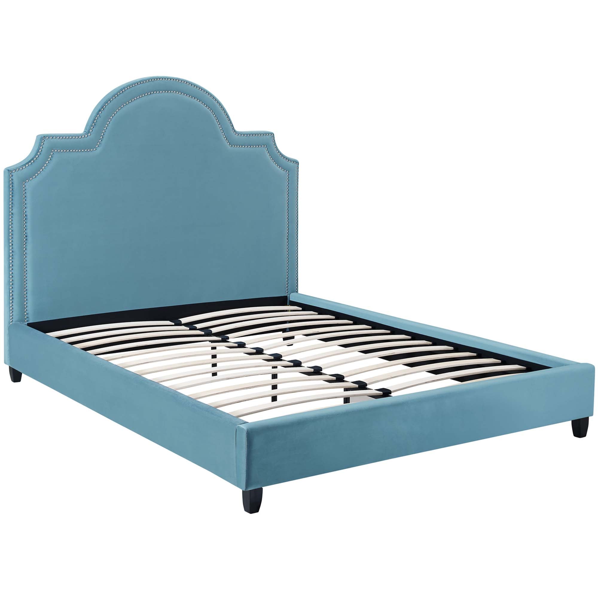 Bayport Queen Performance Velvet Platform Bed in Sea Blue – Luxury Upholstered Frame with Wood Slats