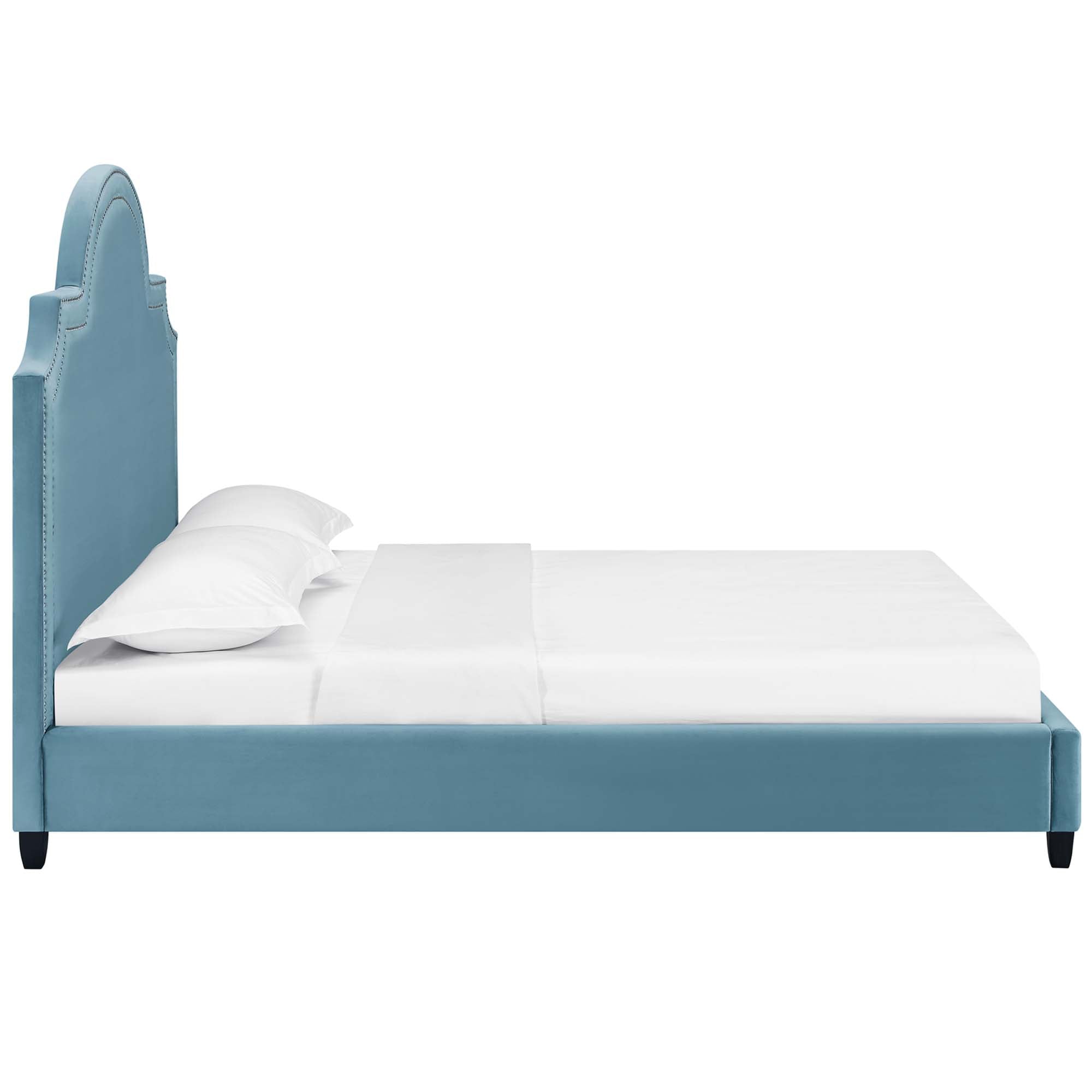 Bayport Queen Performance Velvet Platform Bed in Sea Blue – Luxury Upholstered Frame with Wood Slats