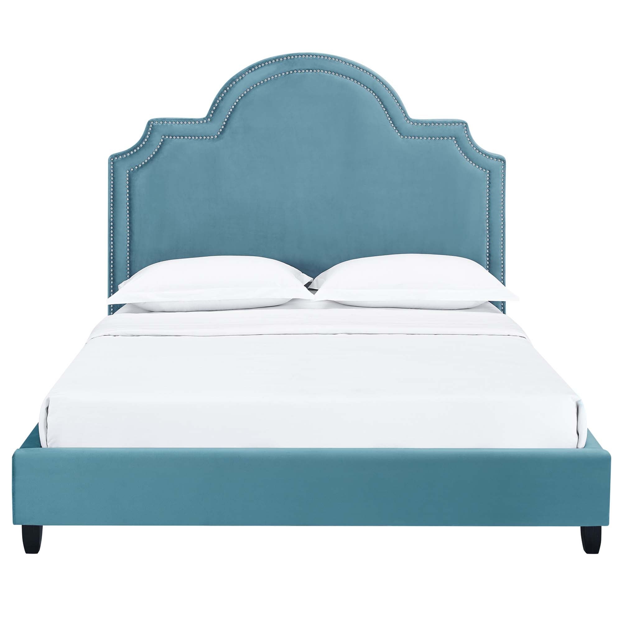 Bayport Queen Performance Velvet Platform Bed in Sea Blue – Luxury Upholstered Frame with Wood Slats