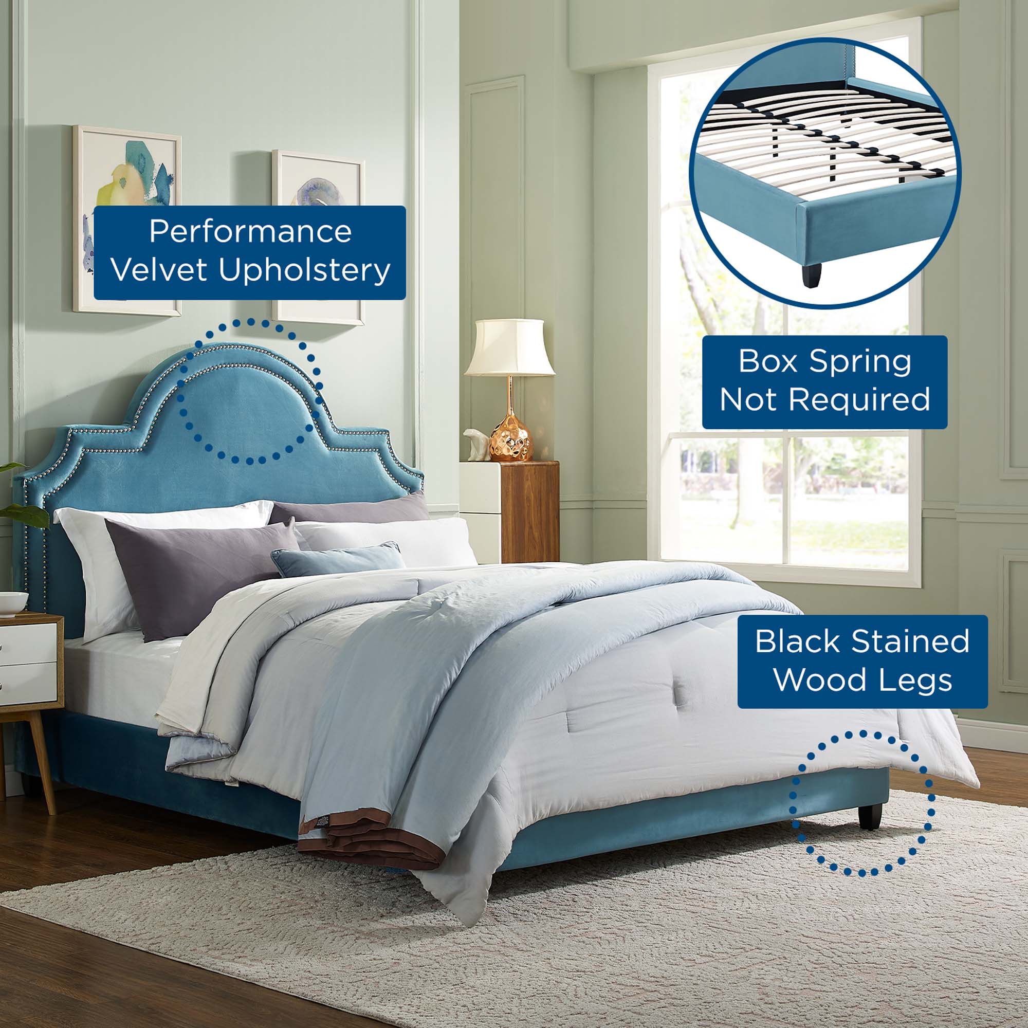 Bayport Queen Performance Velvet Platform Bed in Sea Blue Upholstered Frame with Wood Slats