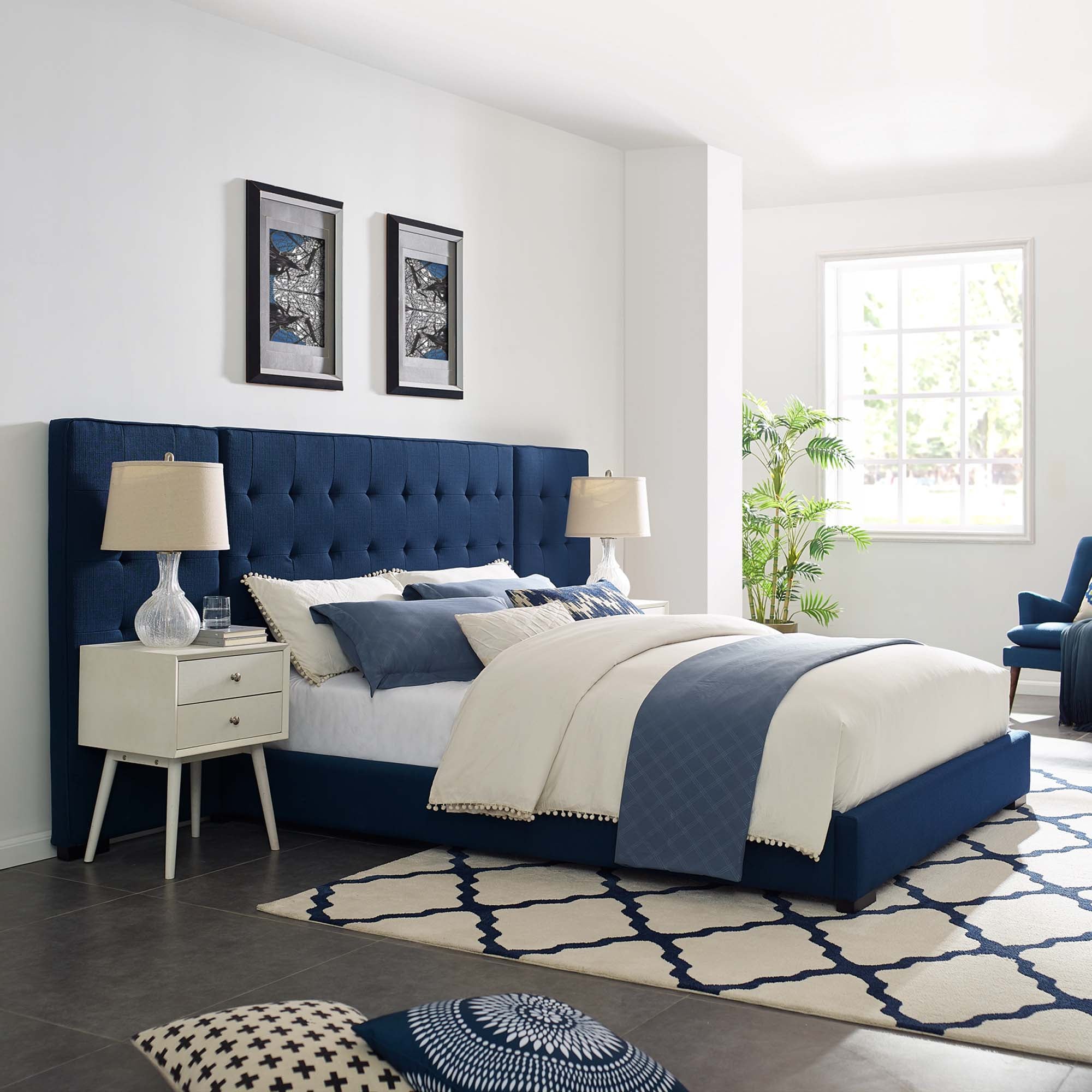 Valnor Queen Fabric Platform Bed in Azure – Tufted Upholstered Headboard