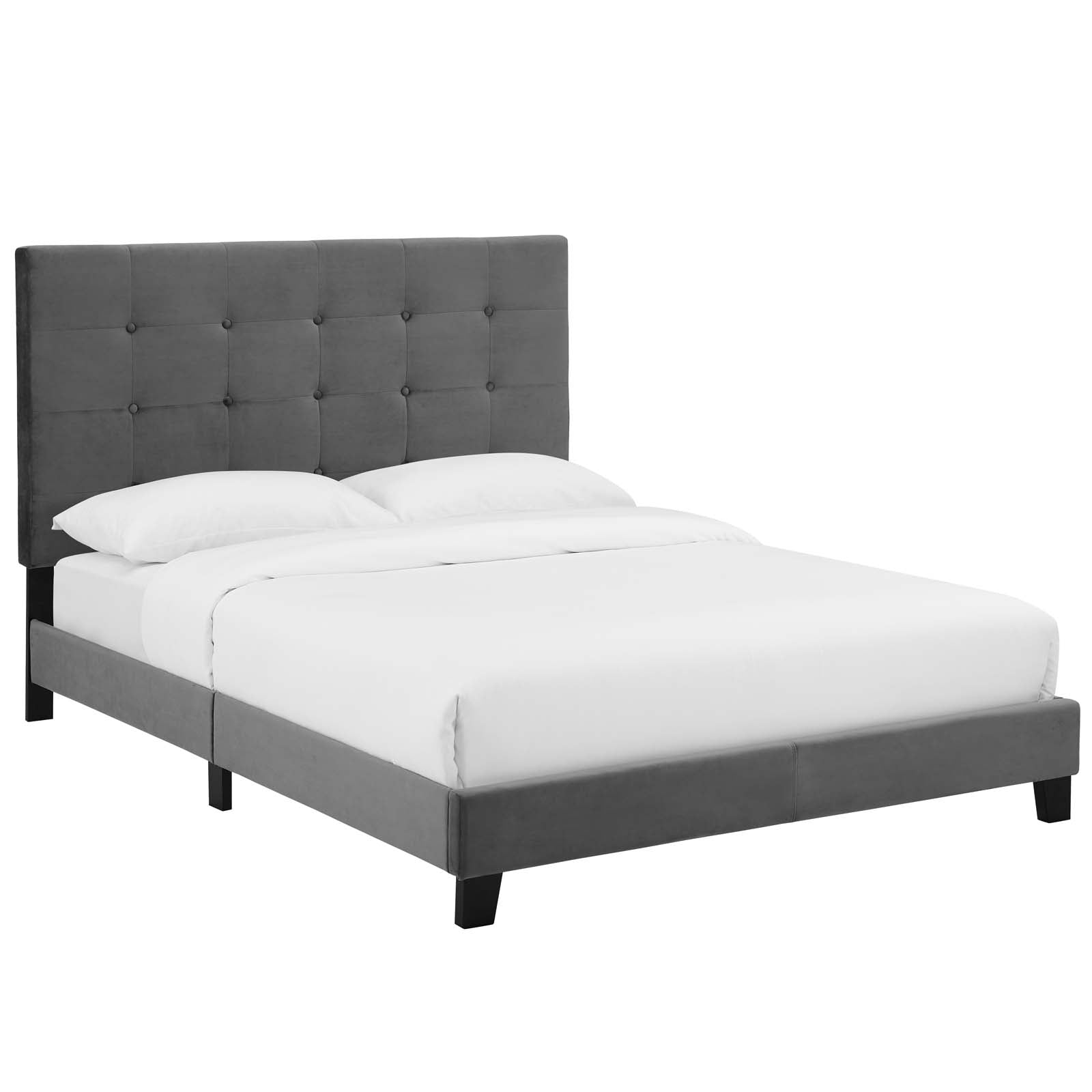 Drayven Grey Queen Upholstered Platform Bed Performance Velvet with Button Tufting