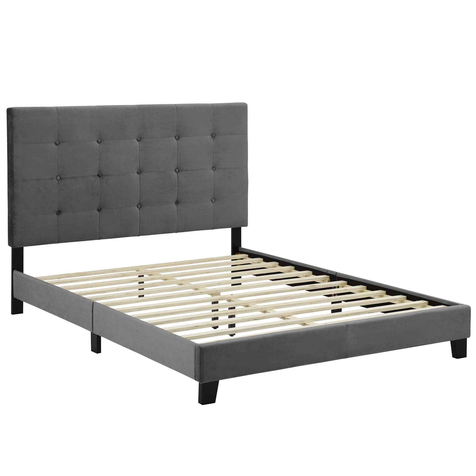 Drayven Grey Queen Upholstered Platform Bed Performance Velvet with Button Tufting