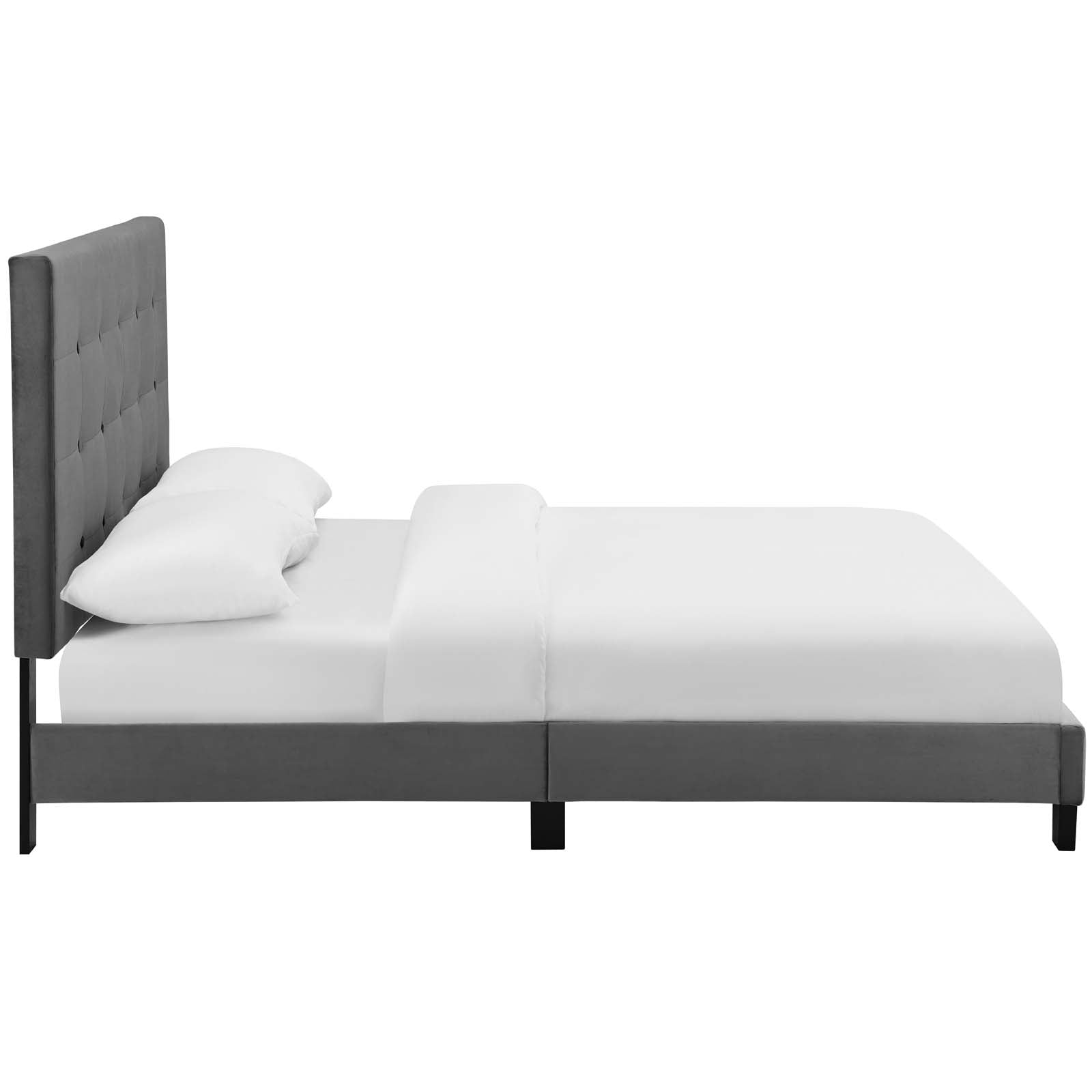 Drayven Grey Queen Upholstered Platform Bed – Performance Velvet with Button Tufting