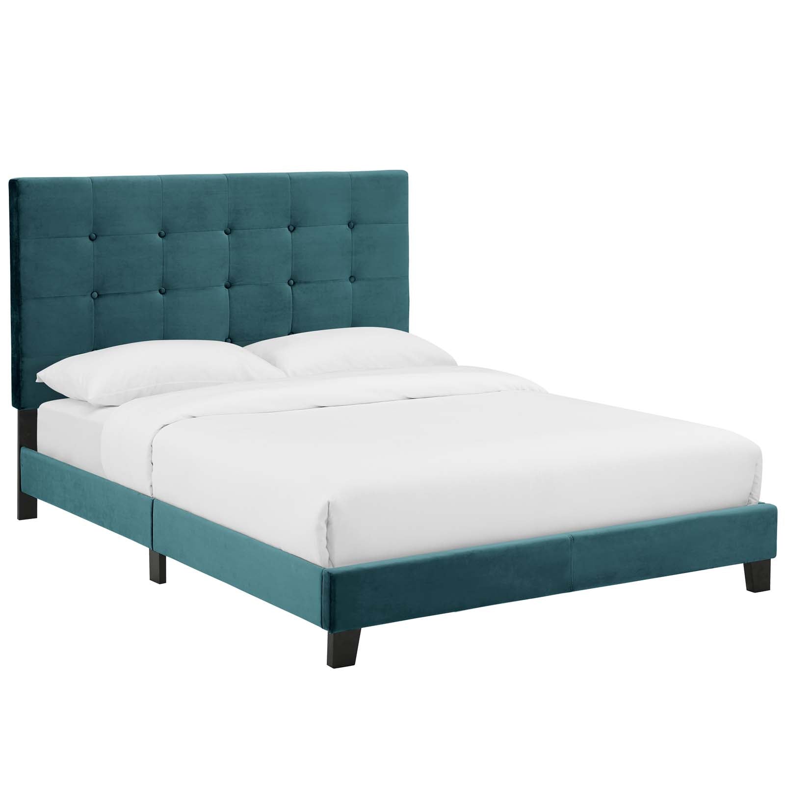 Drayven Grey Queen Upholstered Platform Bed Performance Velvet with Button Tufting