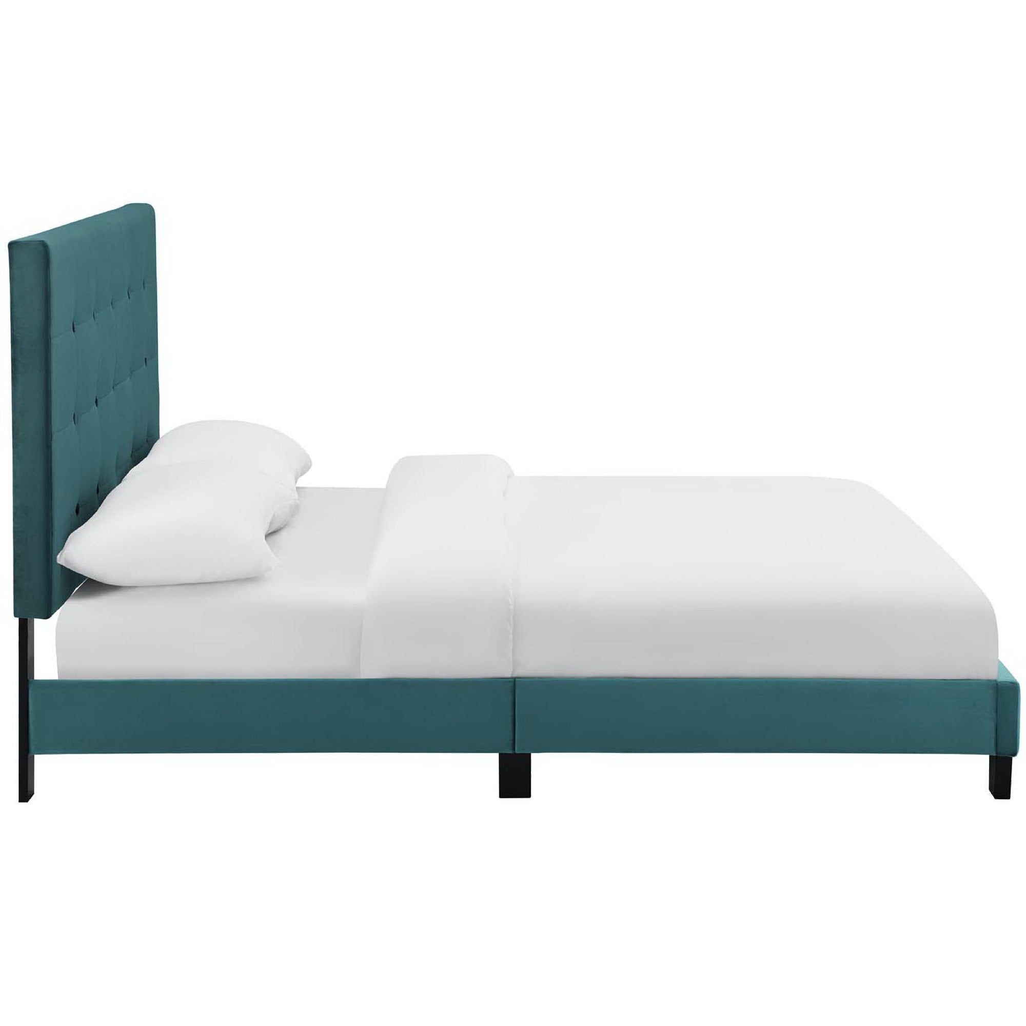 Melanie Tufted Button Upholstered Performance Velvet Queen Platform Bed, Sea Blue