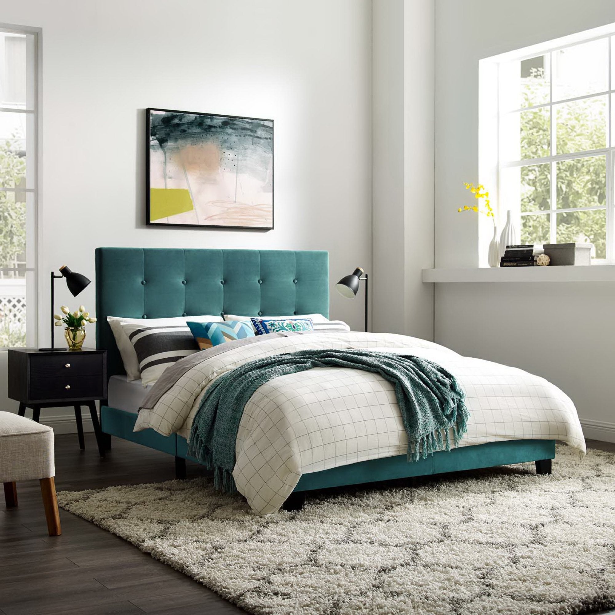 Melanie Tufted Button Upholstered Performance Velvet Queen Platform Bed, Sea Blue