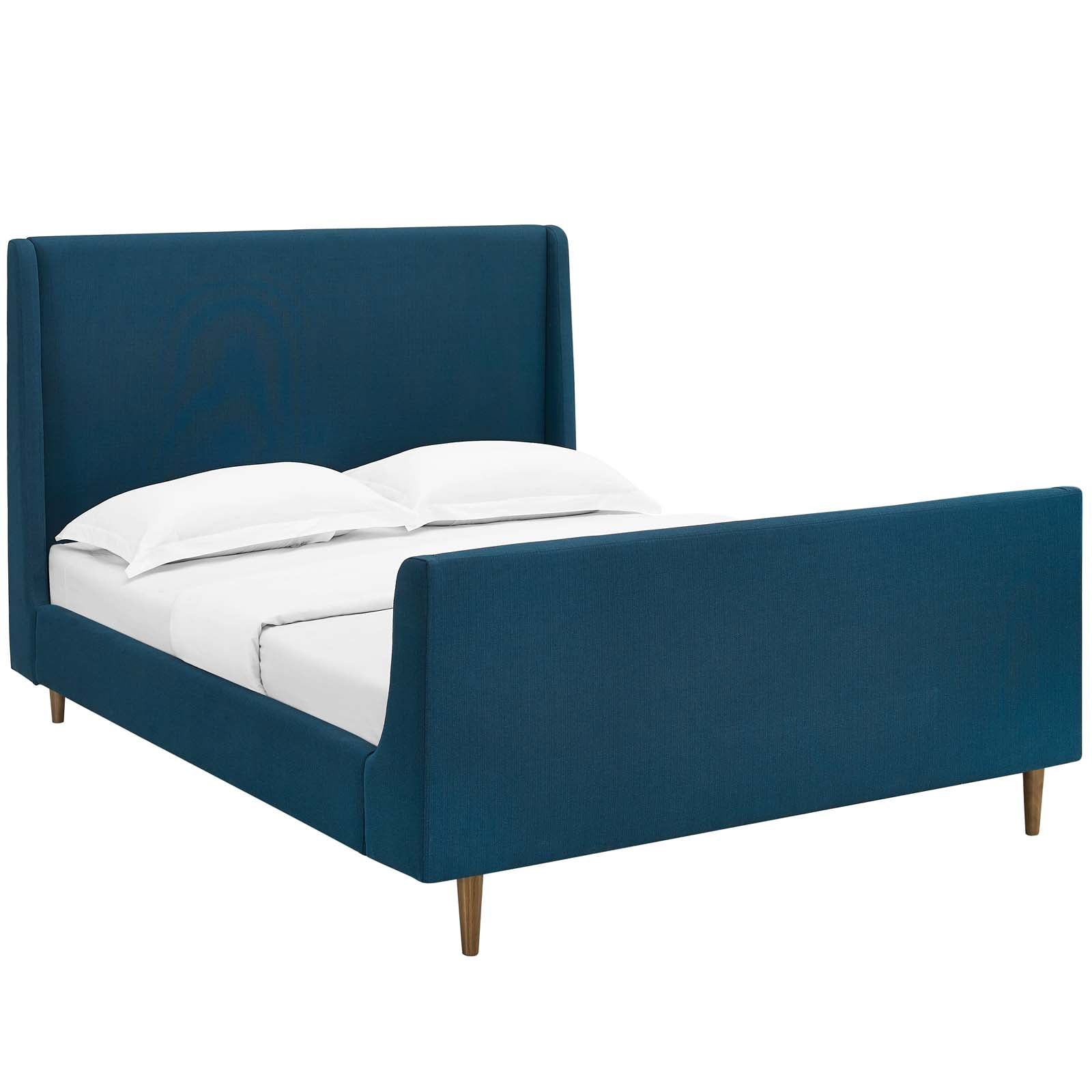 Quaker Azure Queen Sleigh Platform Bed Upholstered Fabric with Wood Slat Support