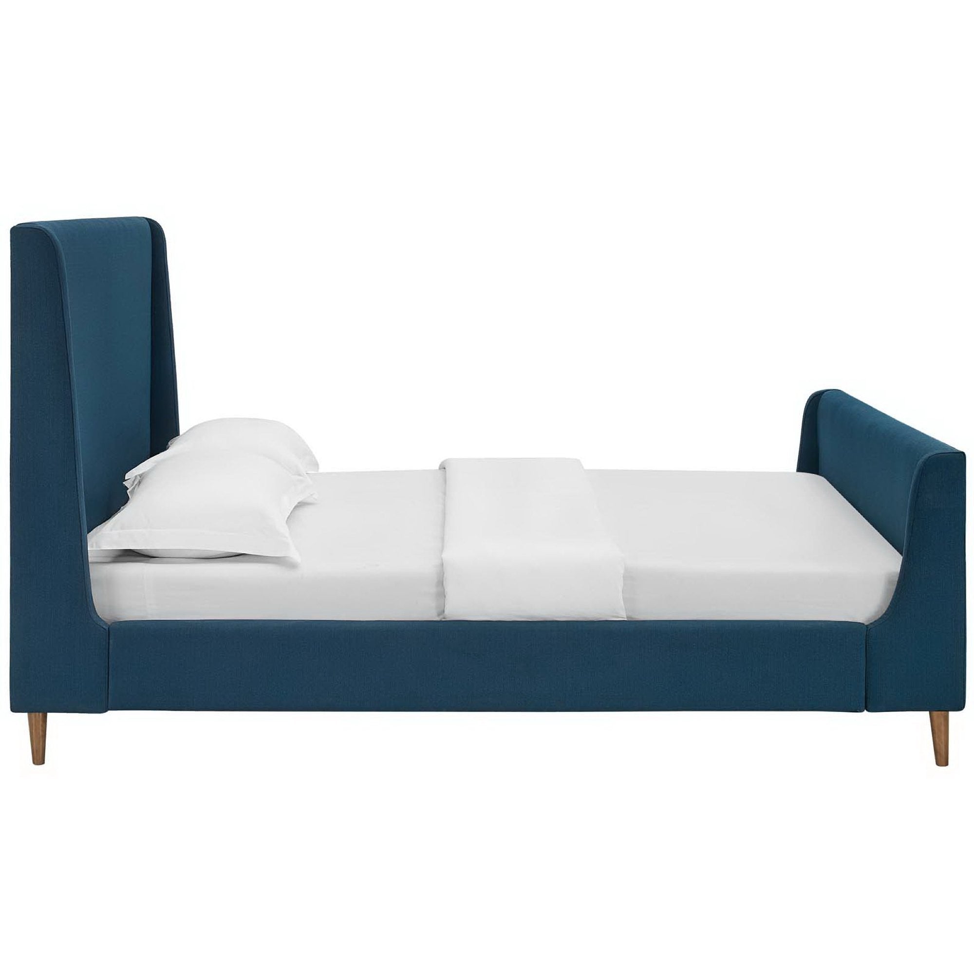 Quaker Azure Queen Sleigh Platform Bed Upholstered Fabric with Wood Slat Support