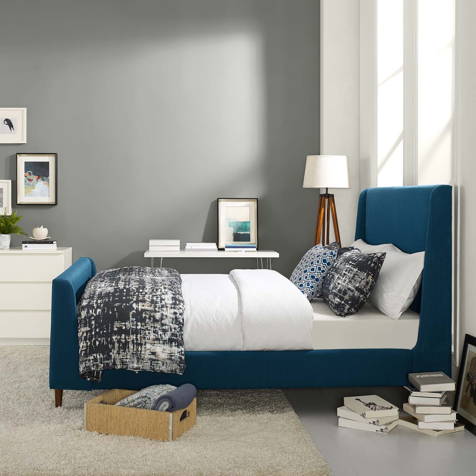 Quaker Azure Queen Sleigh Platform Bed – Upholstered Fabric with Wood Slat Support