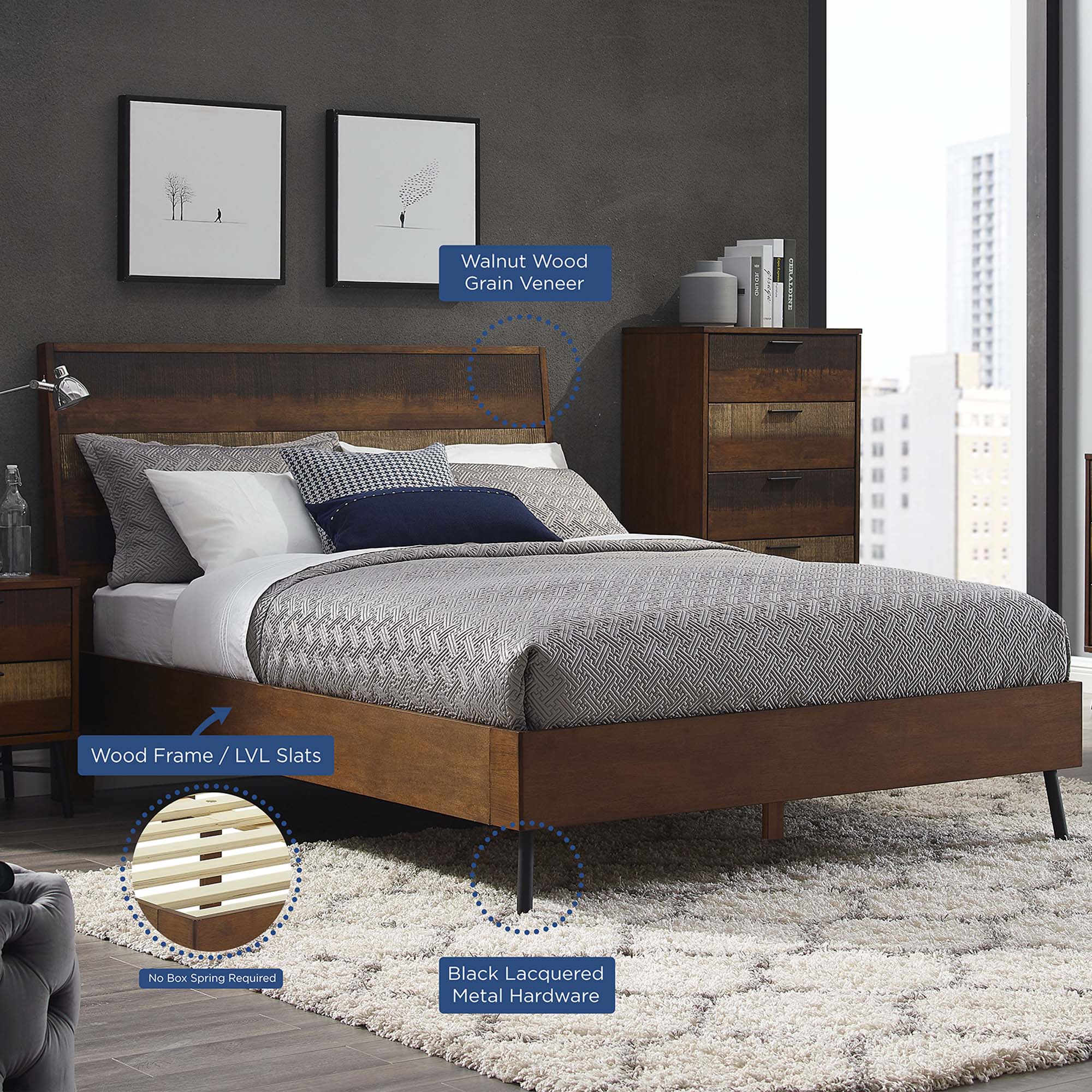 Hannon Queen MDF Platform Bed – Walnut Veneer No Box Spring Needed
