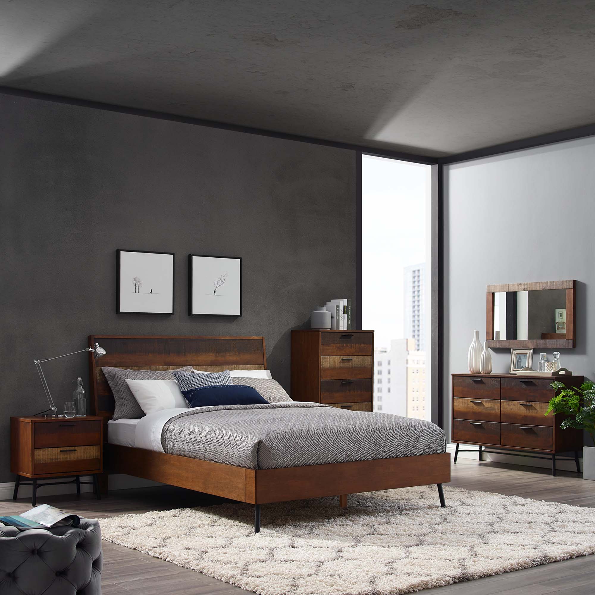 Hannon Queen MDF Platform Bed – Walnut Veneer No Box Spring Needed