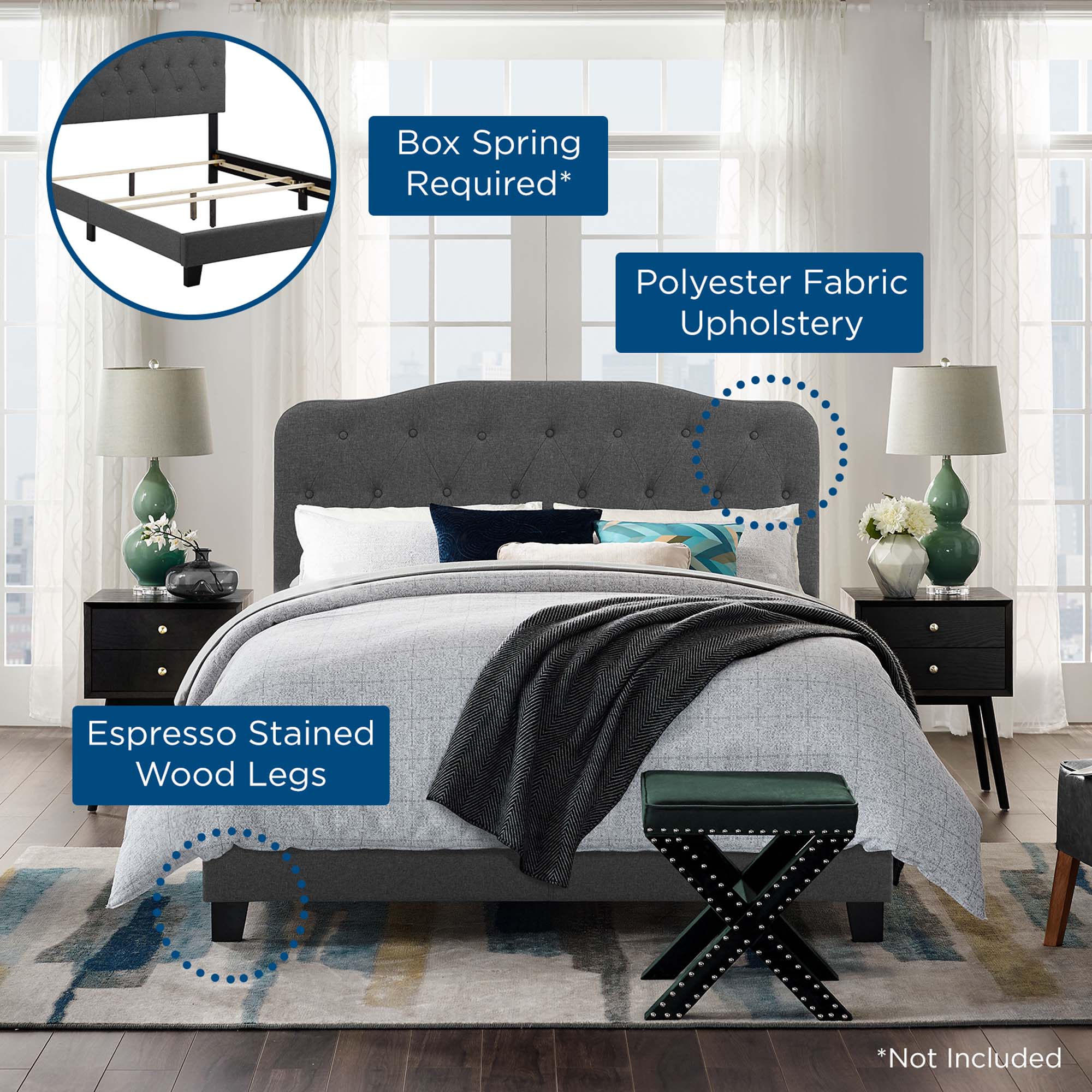 Weston Full Grey Platform Bed Frame – Upholstered Fabric with Wood Legs