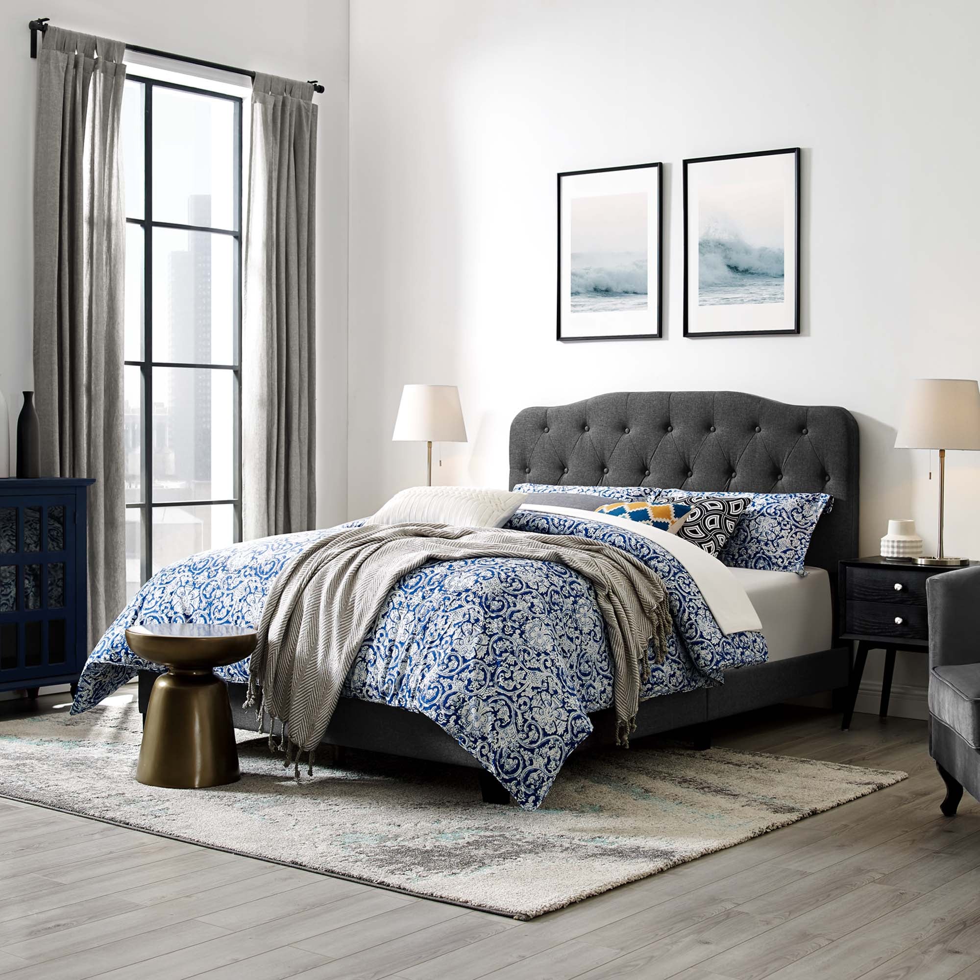 Weston Full Grey Platform Bed Frame – Upholstered Fabric with Wood Legs