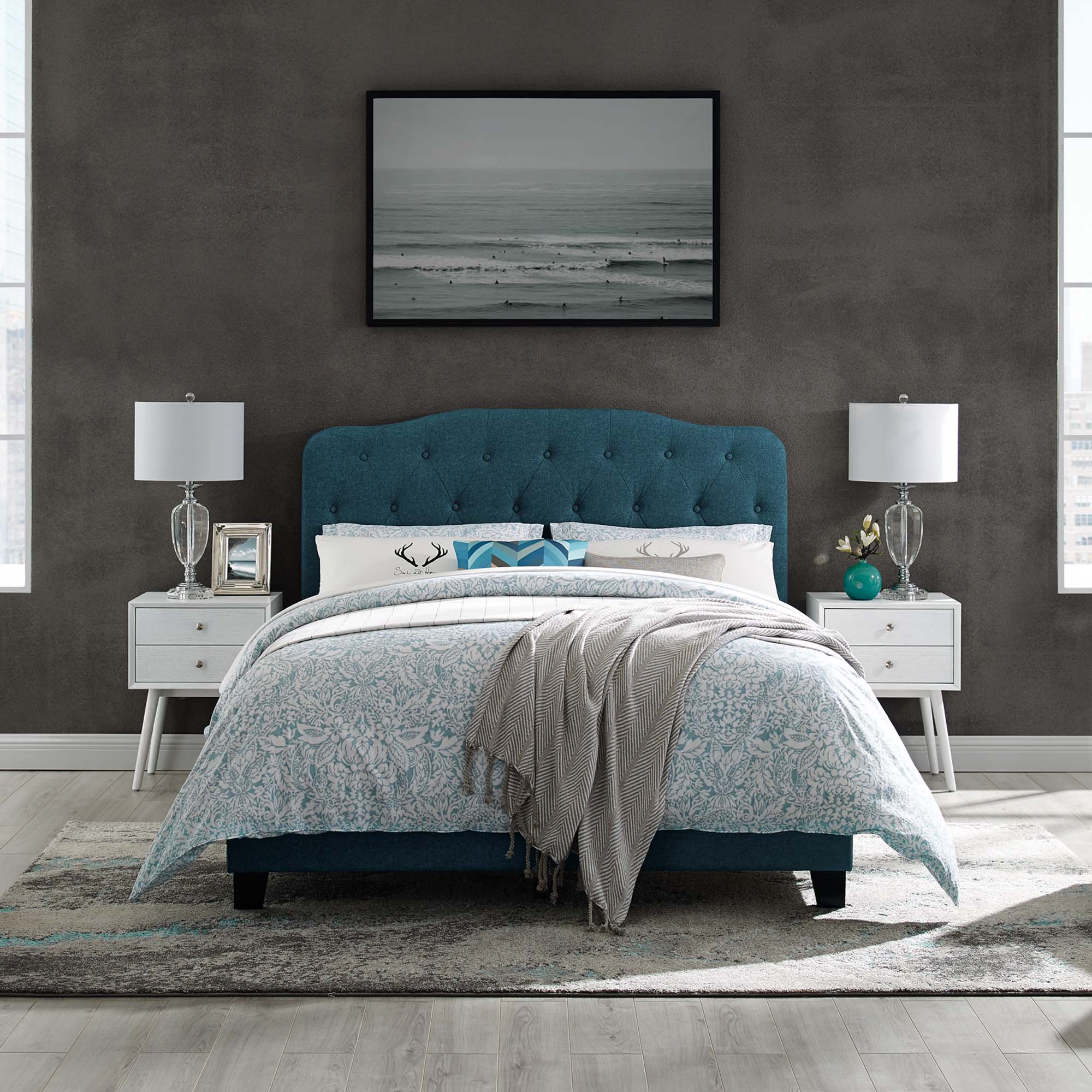 Harlan Azure Queen Polyester Upholstered Bed – Button-Tufted Headboard