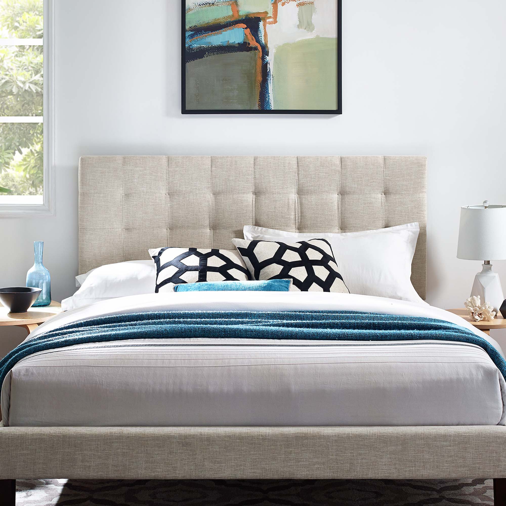 Paisley Tufted Upholstered Linen Fabric King and California King Headboard, Beige