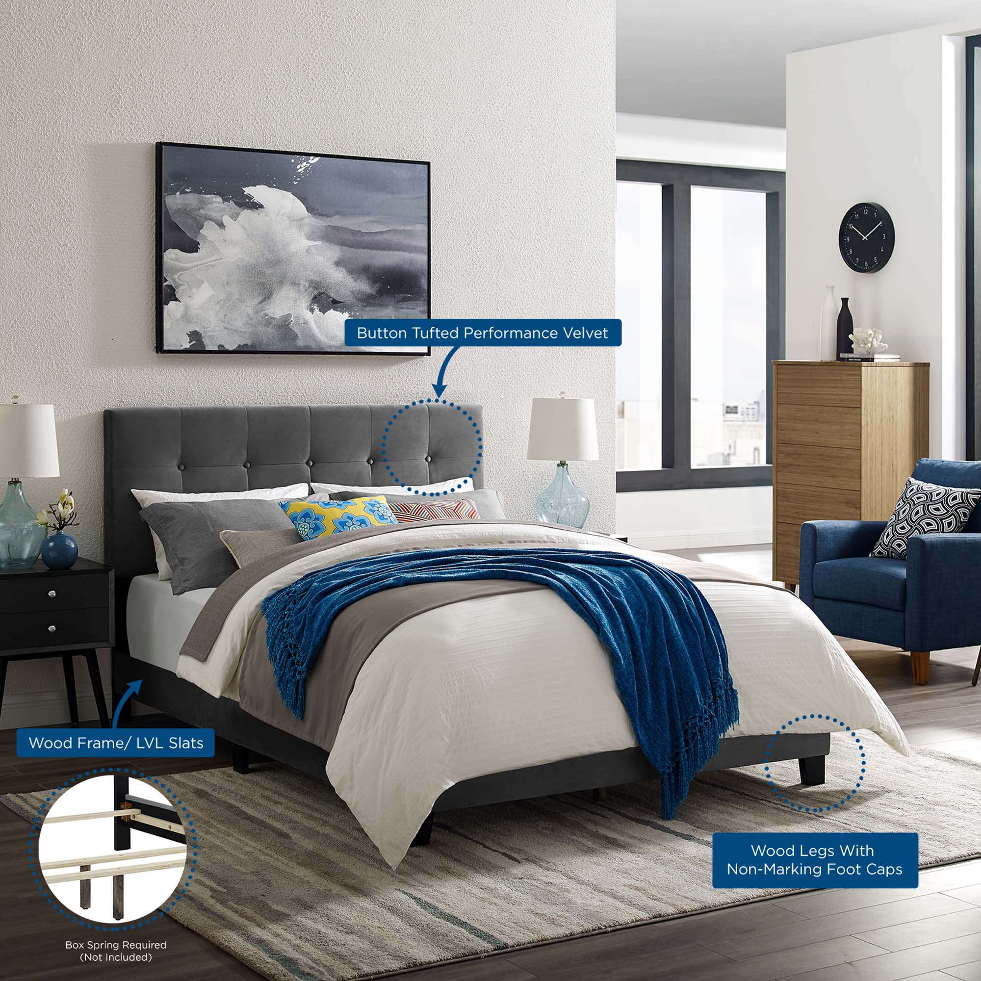 Elsie Performance Velvet Full Platform Bed – Modern Grey Upholstered