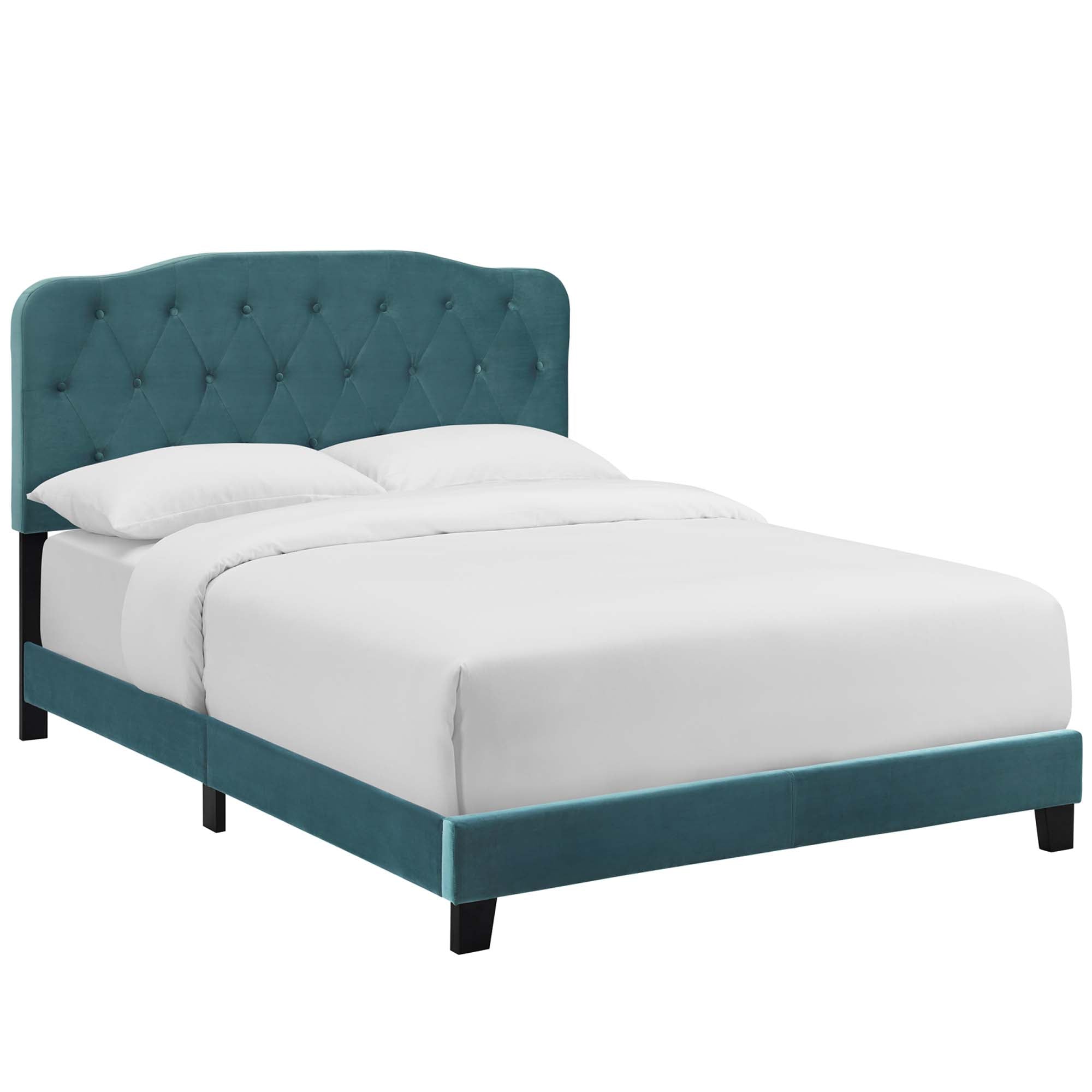 Calvin Queen Performance Velvet Platform Bed – Sea Blue Button Tufted Upholstered Frame