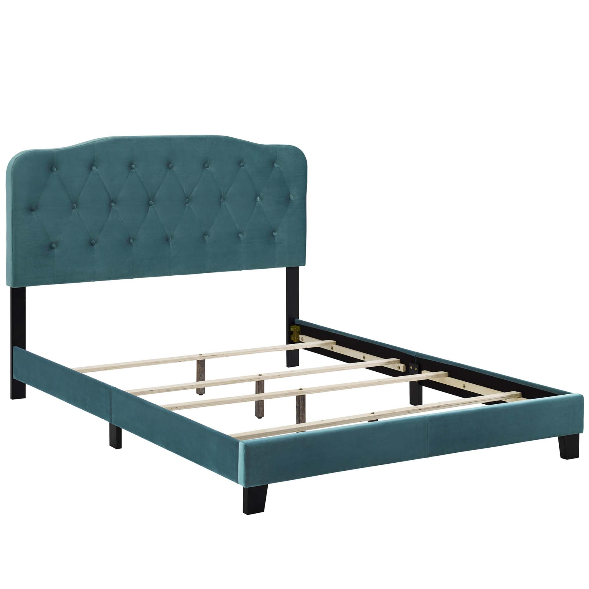 Calvin Queen Performance Velvet Platform Bed – Sea Blue Button Tufted Upholstered Frame