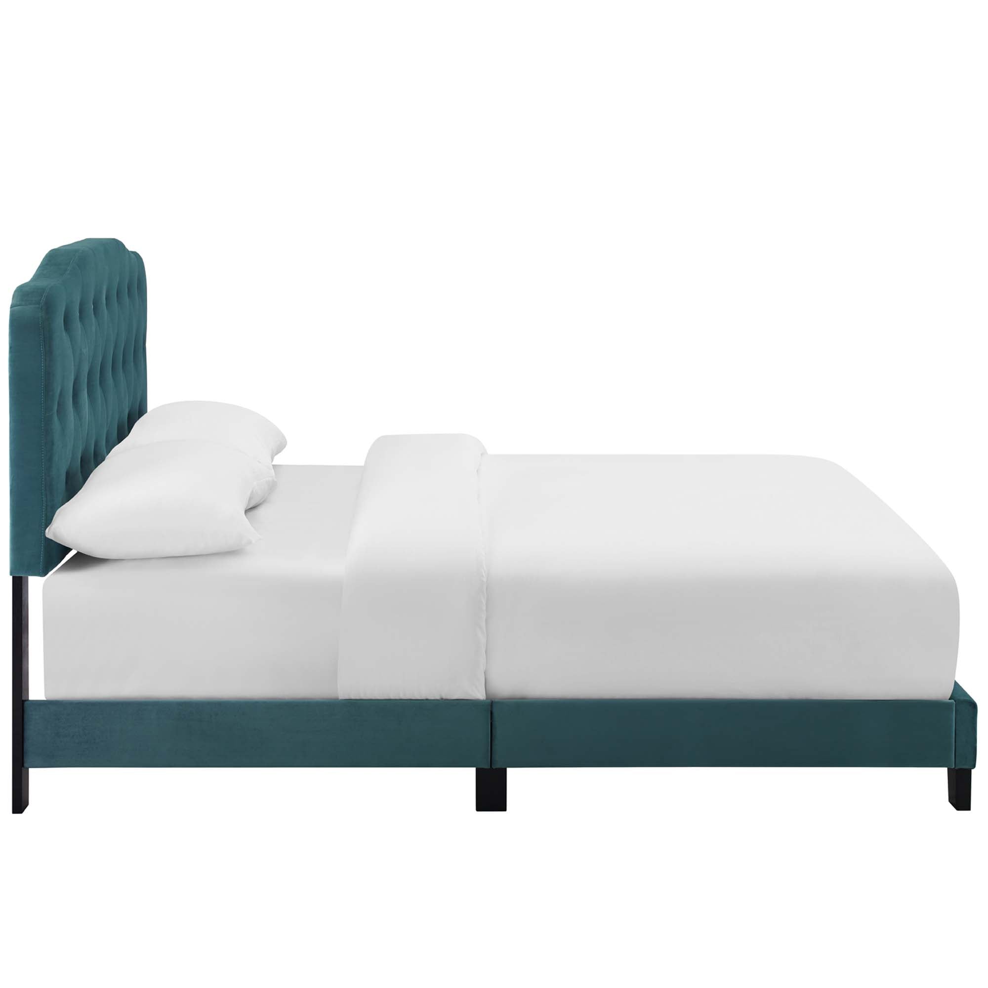 Calvin Queen Performance Velvet Platform Bed – Sea Blue Button Tufted Upholstered Frame
