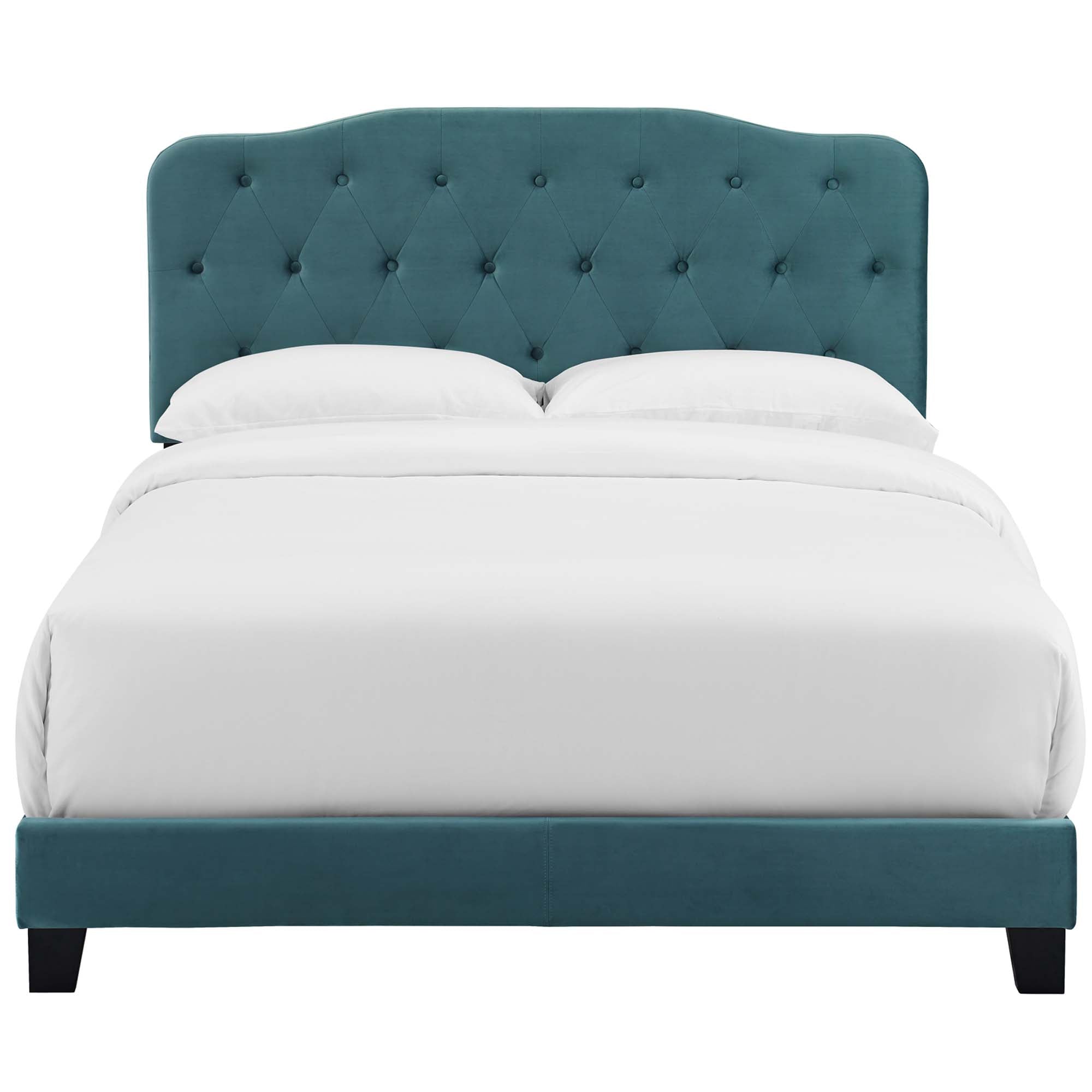Calvin Queen Performance Velvet Platform Bed – Sea Blue Button Tufted Upholstered Frame