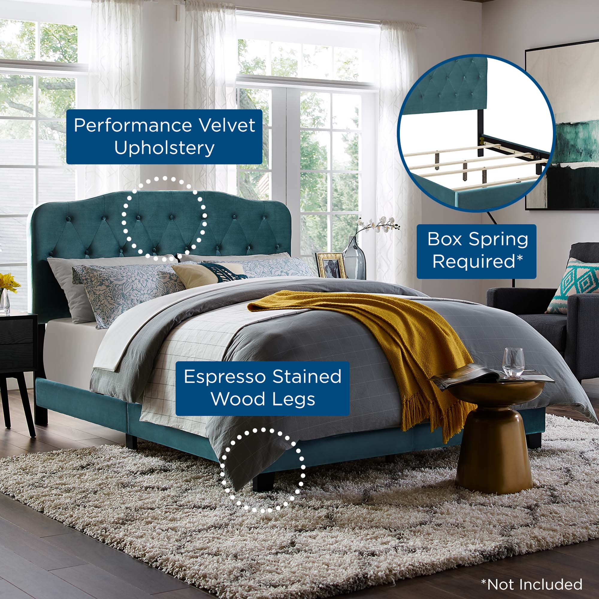 Calvin Queen Performance Velvet Platform Bed – Sea Blue Button Tufted Upholstered Frame
