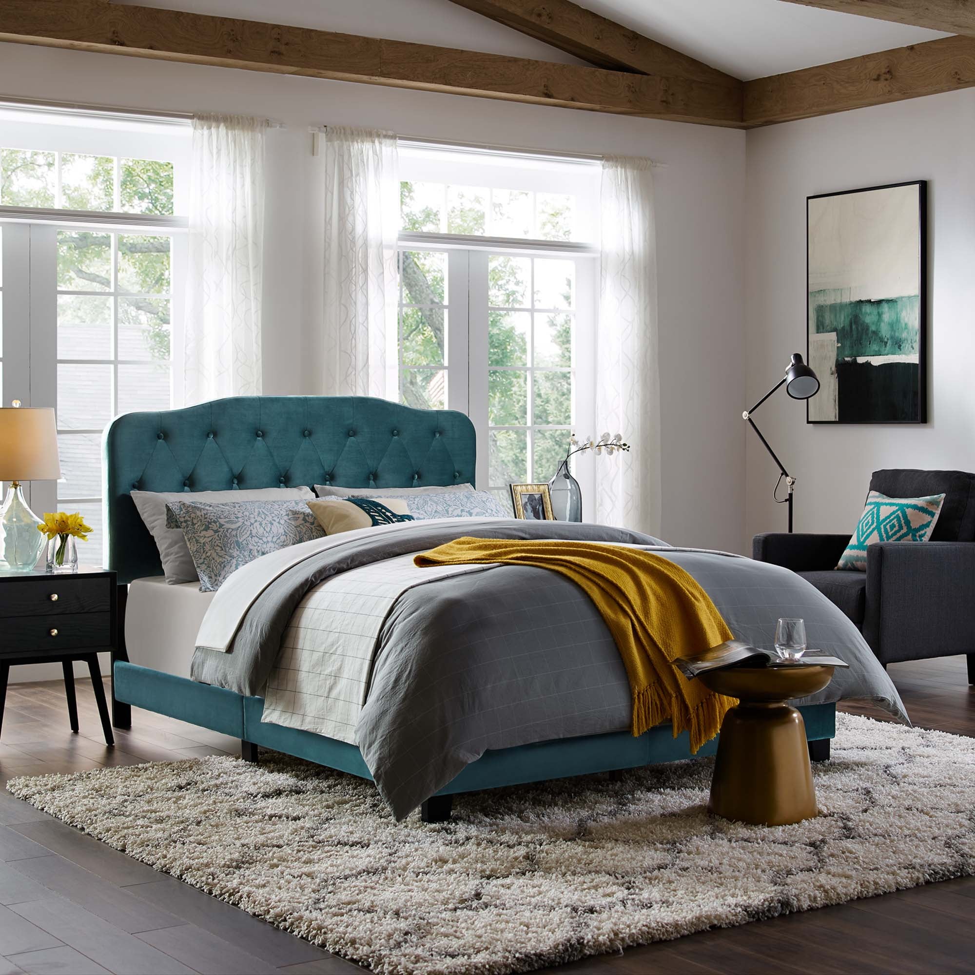 Calvin Queen Performance Velvet Platform Bed – Sea Blue Button Tufted Upholstered Frame