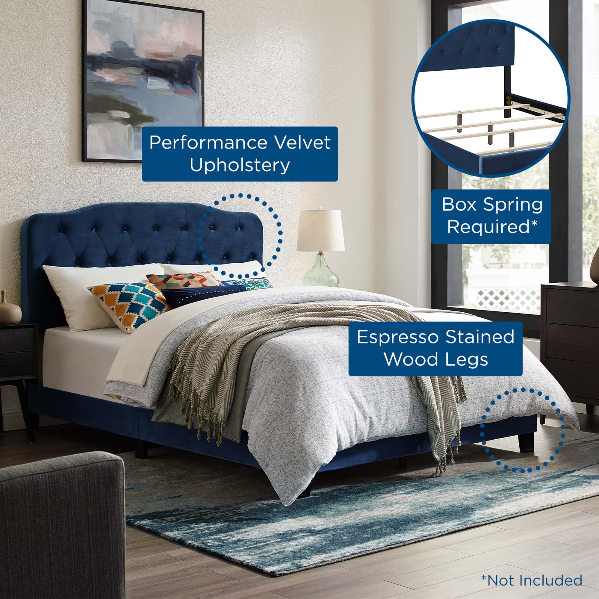 Rami Navy King Performance Velvet Bedroom Furniture – Luxury Upholstered Bed