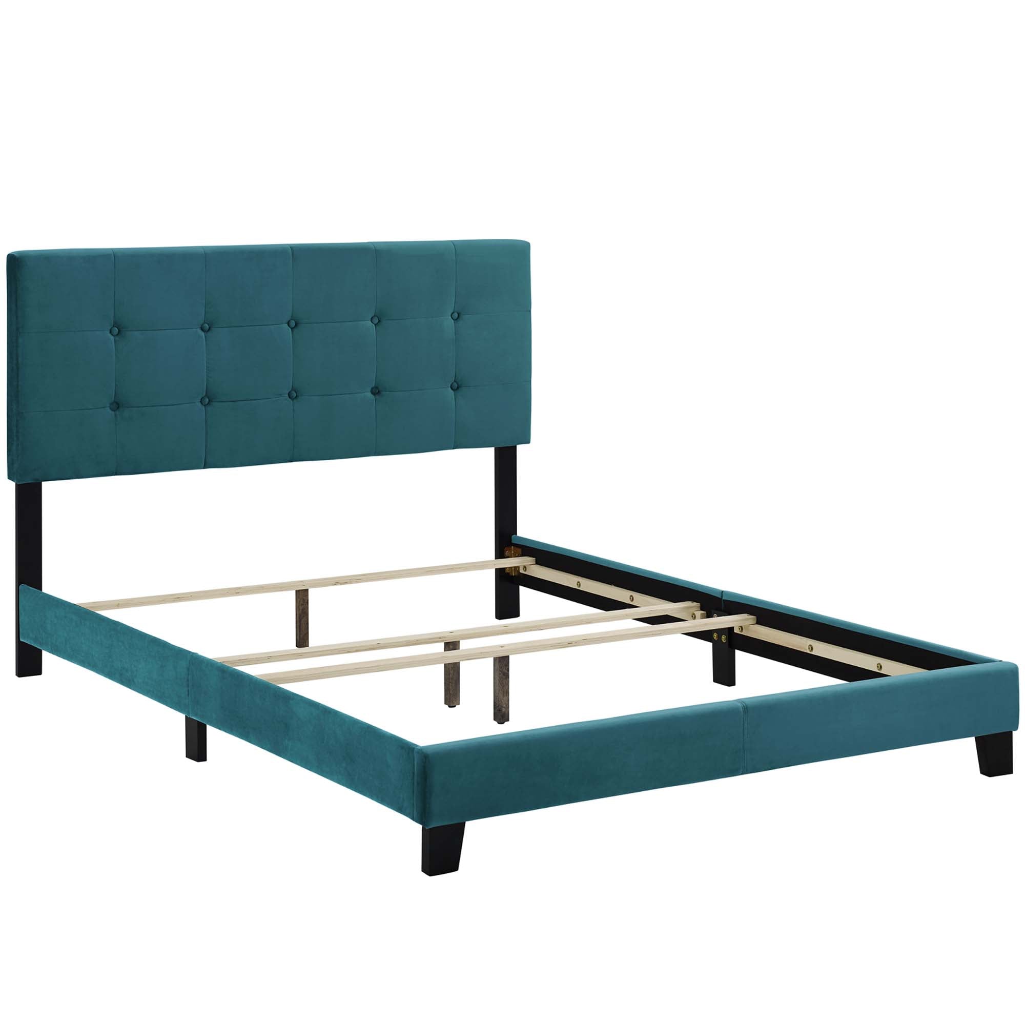 Maxwell Queen Sea Blue Performance Velvet Platform Bed – Button Tufted Headboard