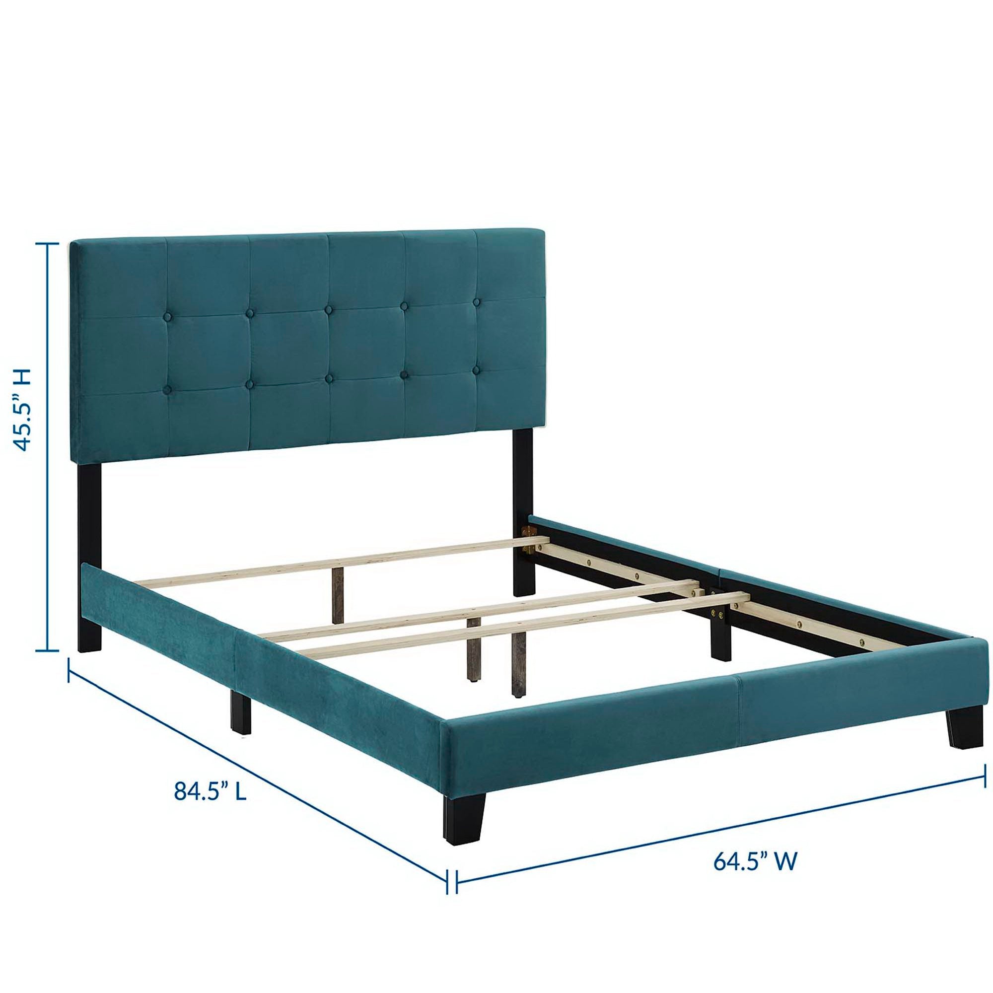 Maxwell Queen Sea Blue Performance Velvet Platform Bed – Button Tufted Headboard