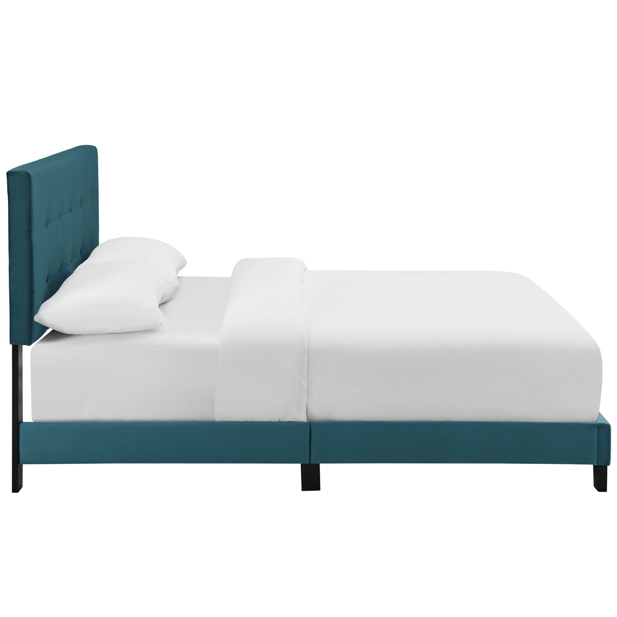 Maxwell Queen Sea Blue Performance Velvet Platform Bed – Button Tufted Headboard
