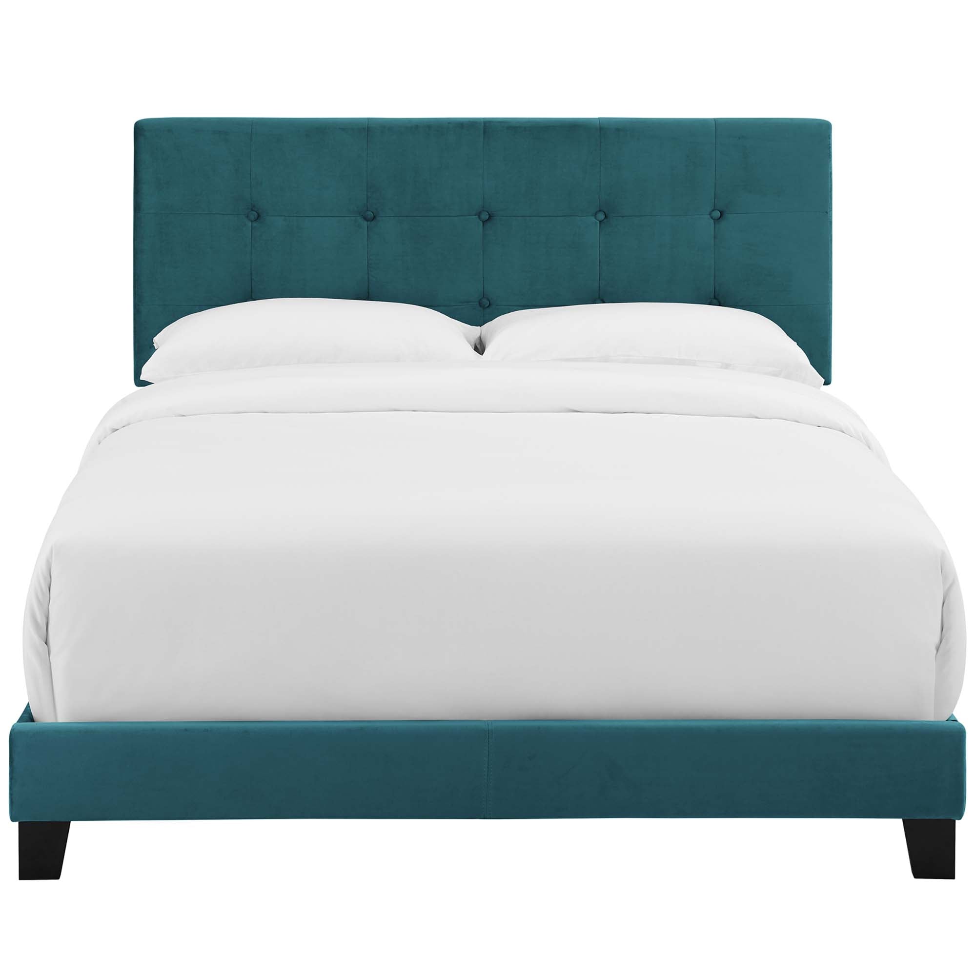 Maxwell Queen Sea Blue Performance Velvet Platform Bed – Button Tufted Headboard