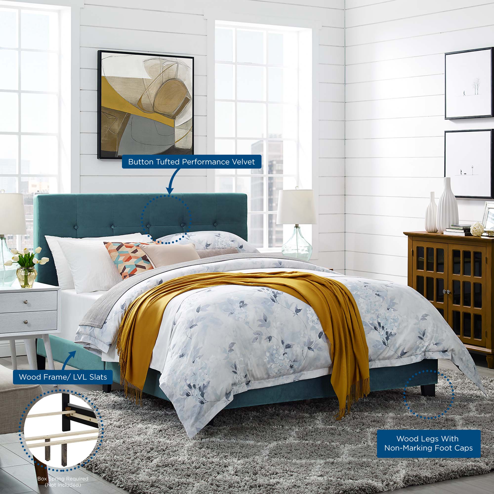 Maxwell Queen Sea Blue Performance Velvet Platform Bed – Button Tufted Headboard