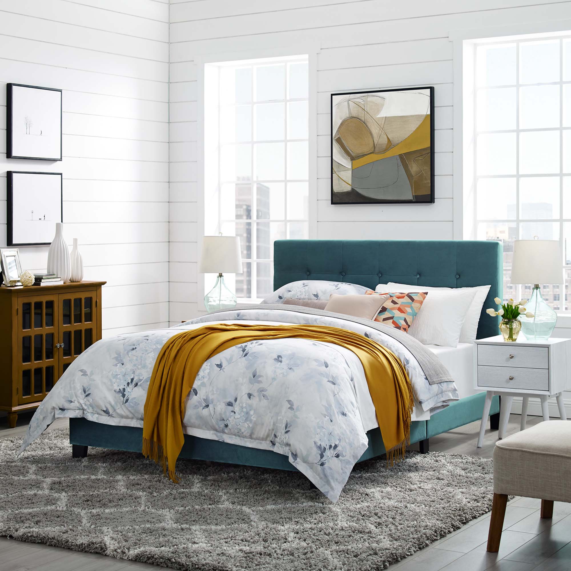 Maxwell Queen Sea Blue Performance Velvet Platform Bed – Button Tufted Headboard