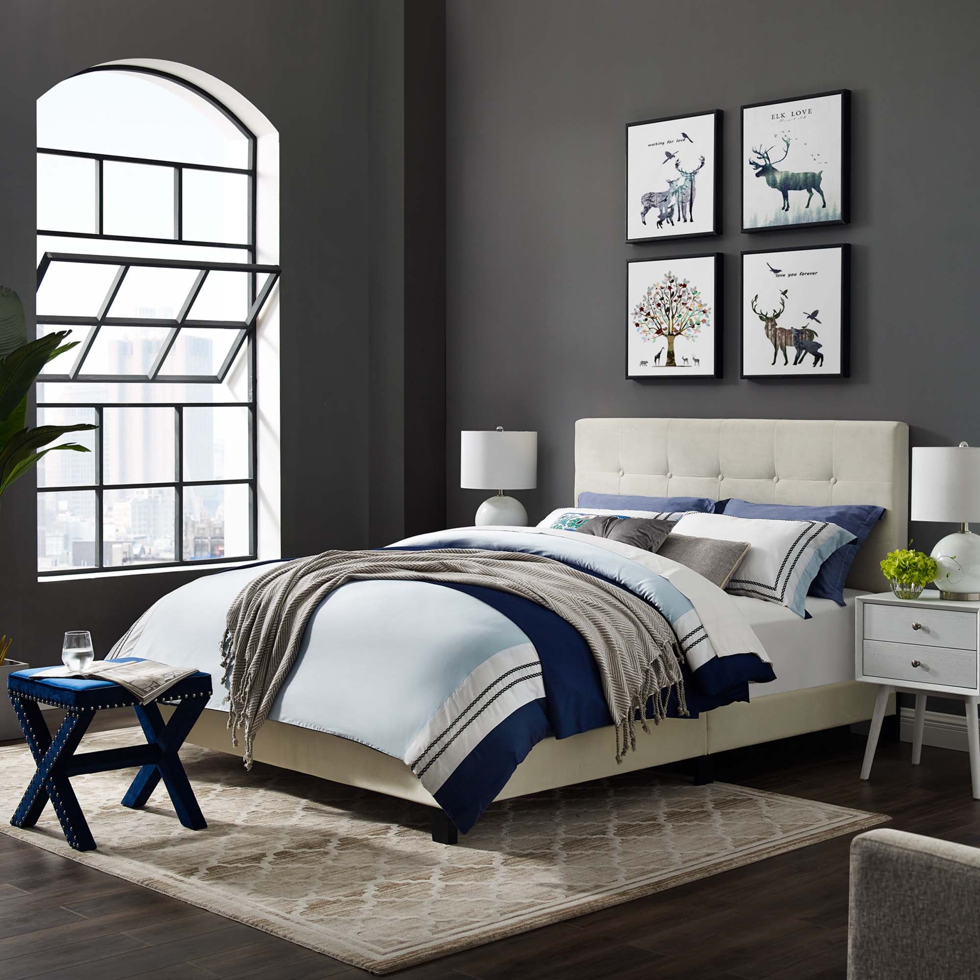 Walsh King Performance Velvet Upholstered Bed – Stain-Resistant Button-Tufted Headboard