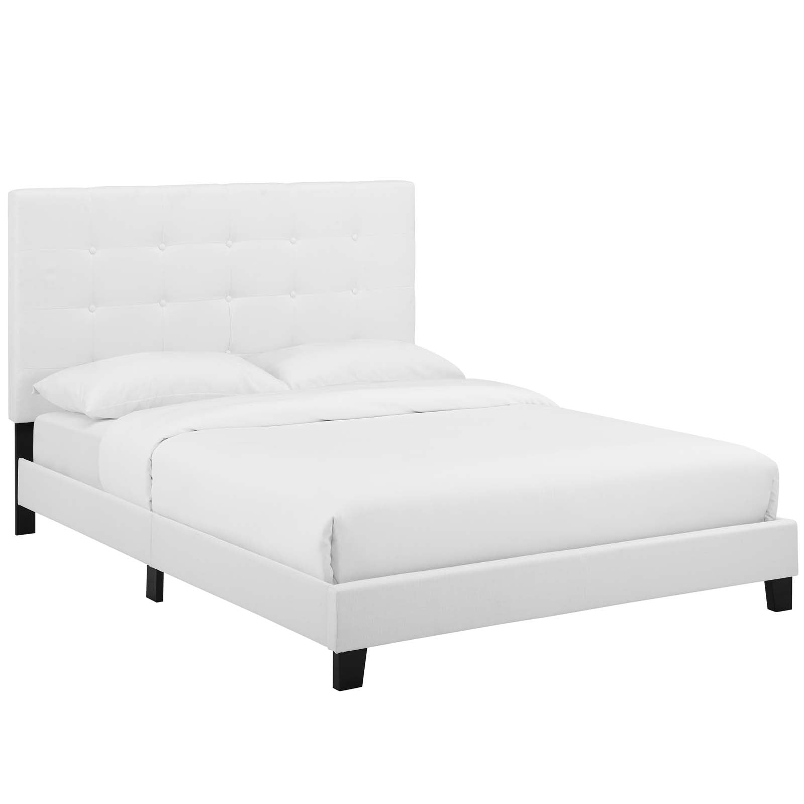 Jorrah Full Size White Polyester Platform Bed – Modern Button Tufted Headboard