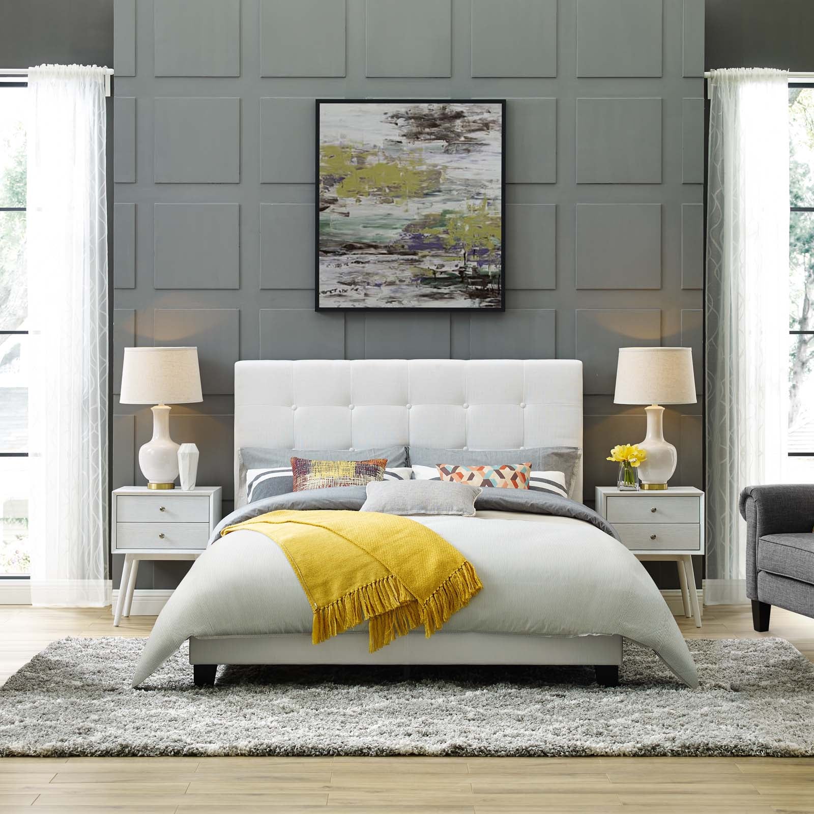 Jorrah Full Size White Polyester Platform Bed – Modern Button Tufted Headboard