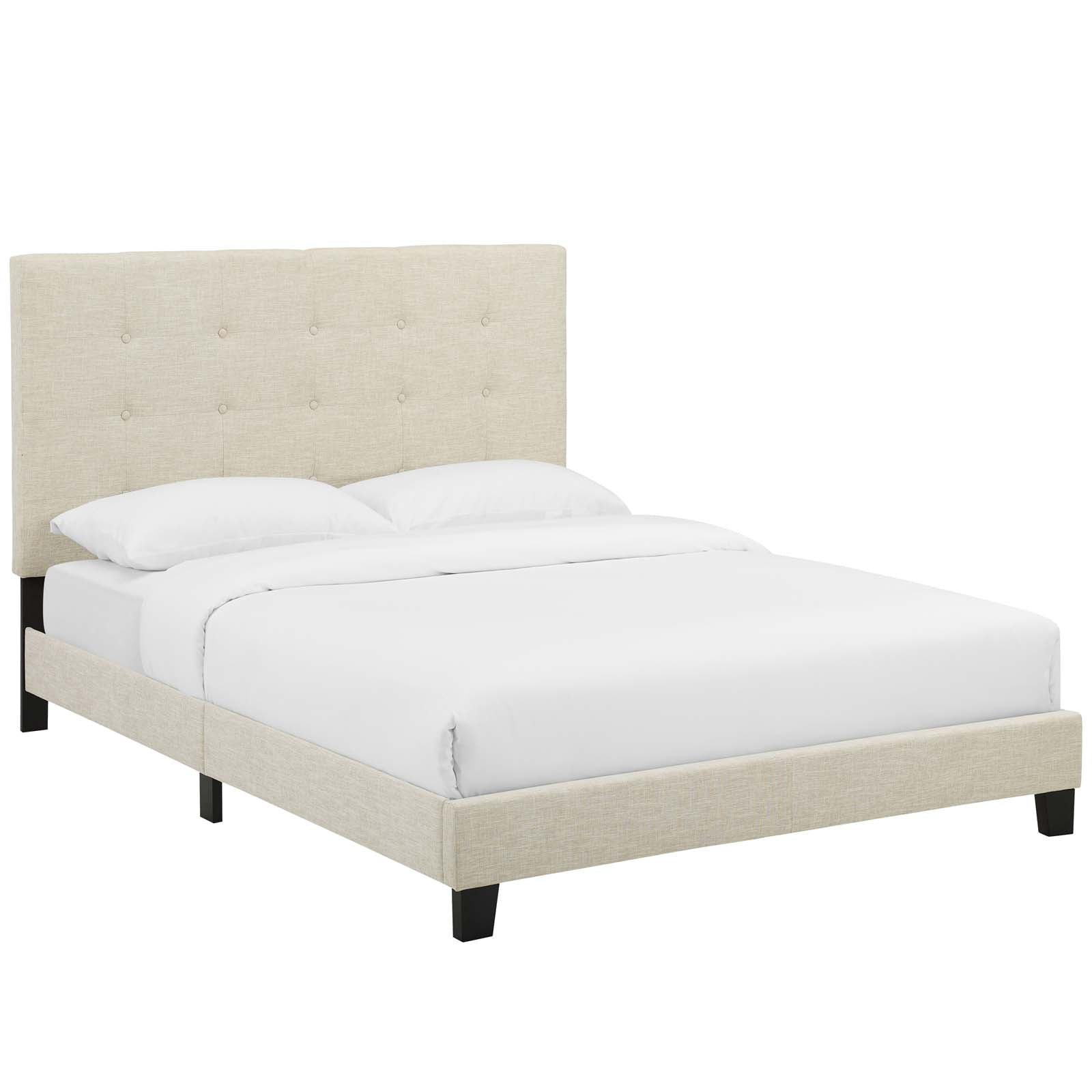 Ivor Queen Modern Platform Bed Beige Tufted Button Upholstered Fabric
