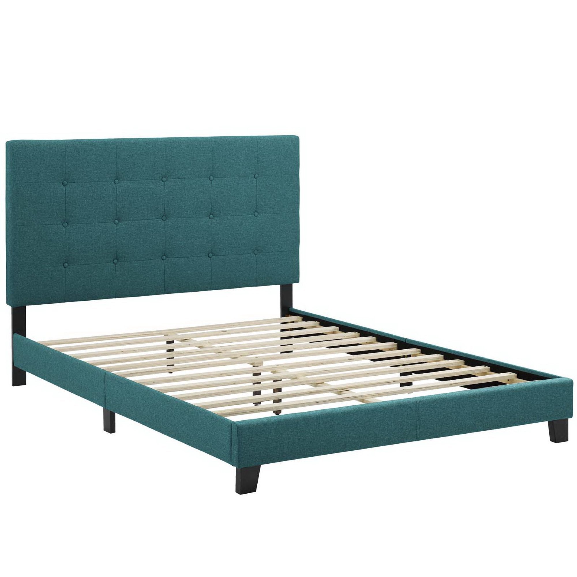 Melanie Tufted Button Upholstered Fabric Queen Platform Bed, Teal