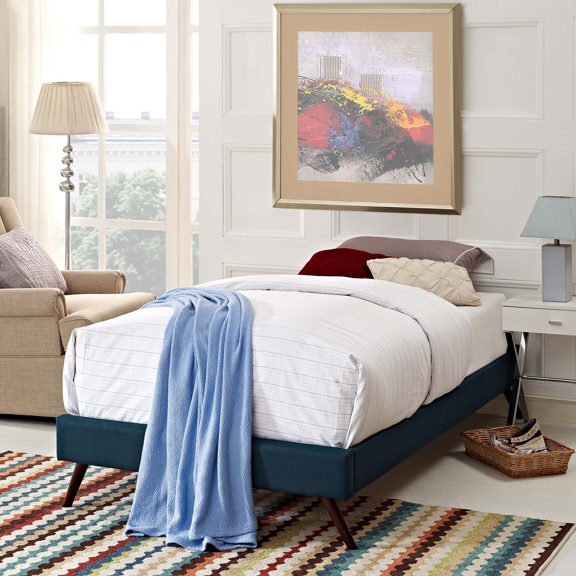 Loryn Fabric Twin Bed Frame with Round Splayed Legs, Azure