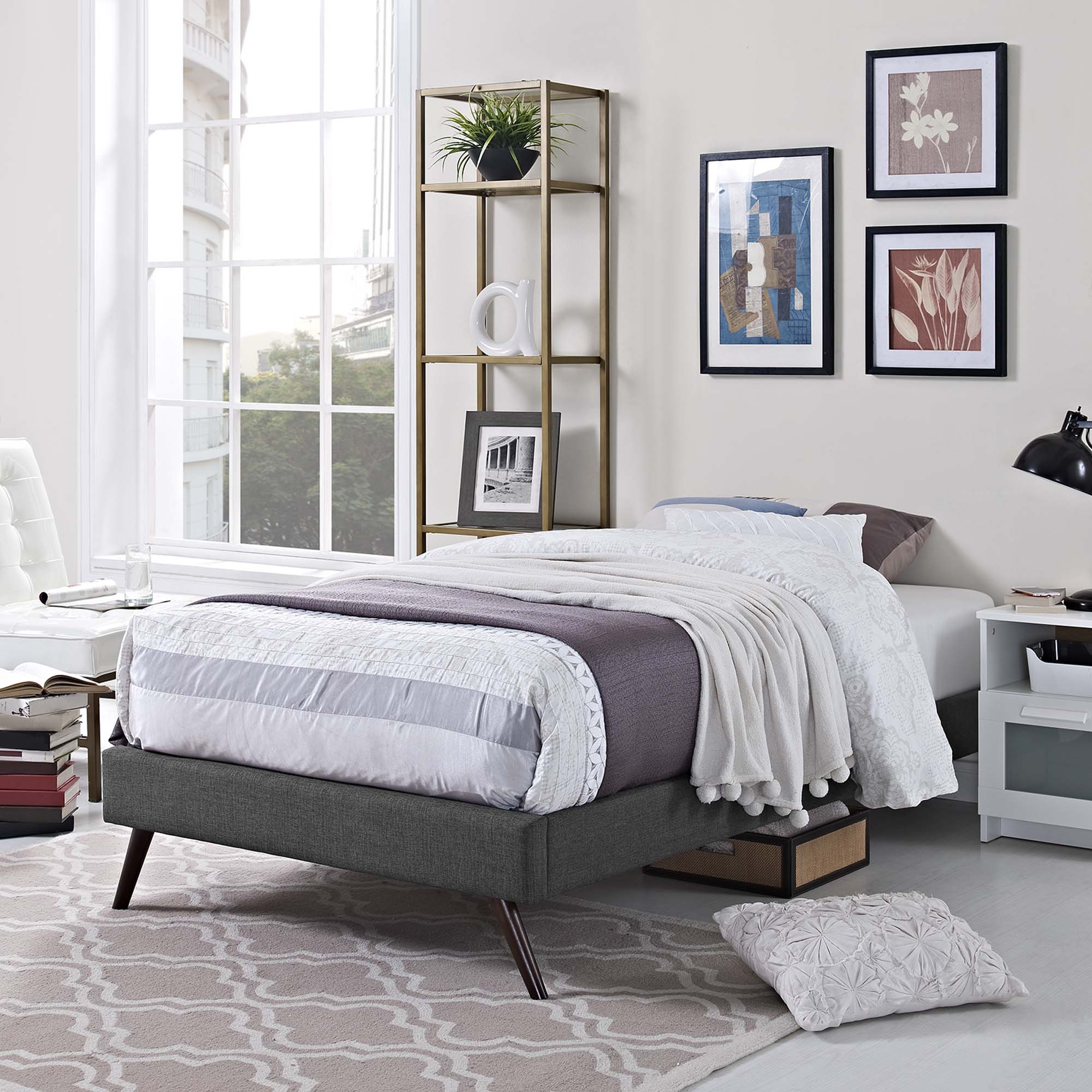 Loryn Fabric Twin Bed Frame with Round Splayed Legs, Gray