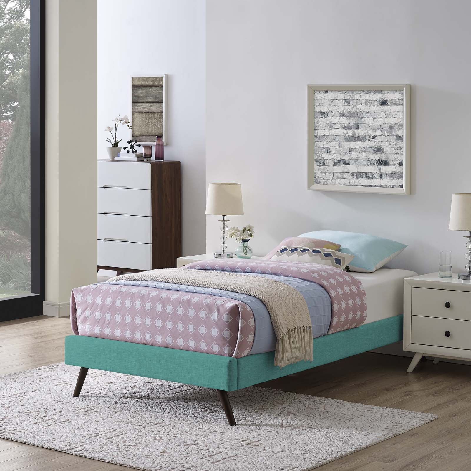 Loryn Teal Twin Fabric Bed Frame with Round Splayed Legs