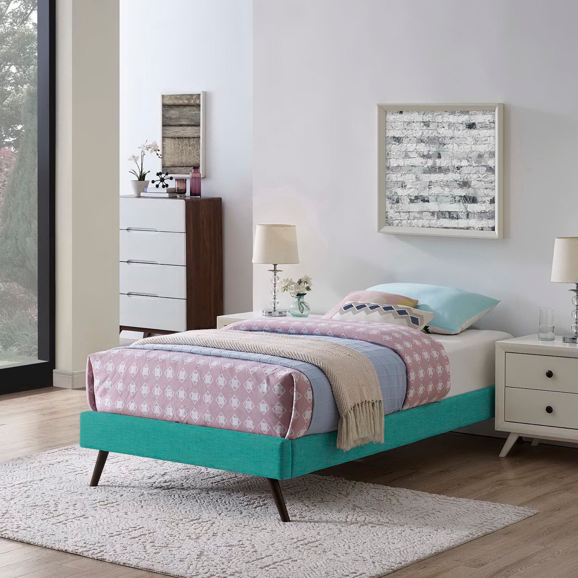 Loryn Teal Twin Fabric Bed Frame with Round Splayed Legs