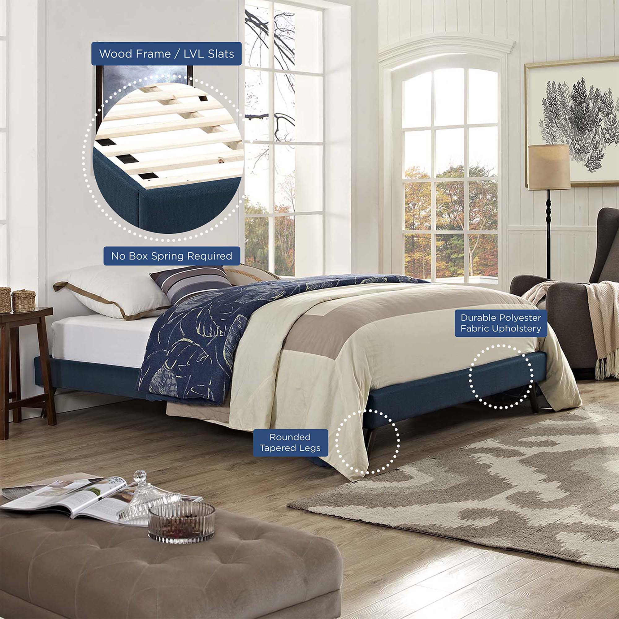 Loryn Fabric Full Bed Frame with Round Splayed Legs, Azure