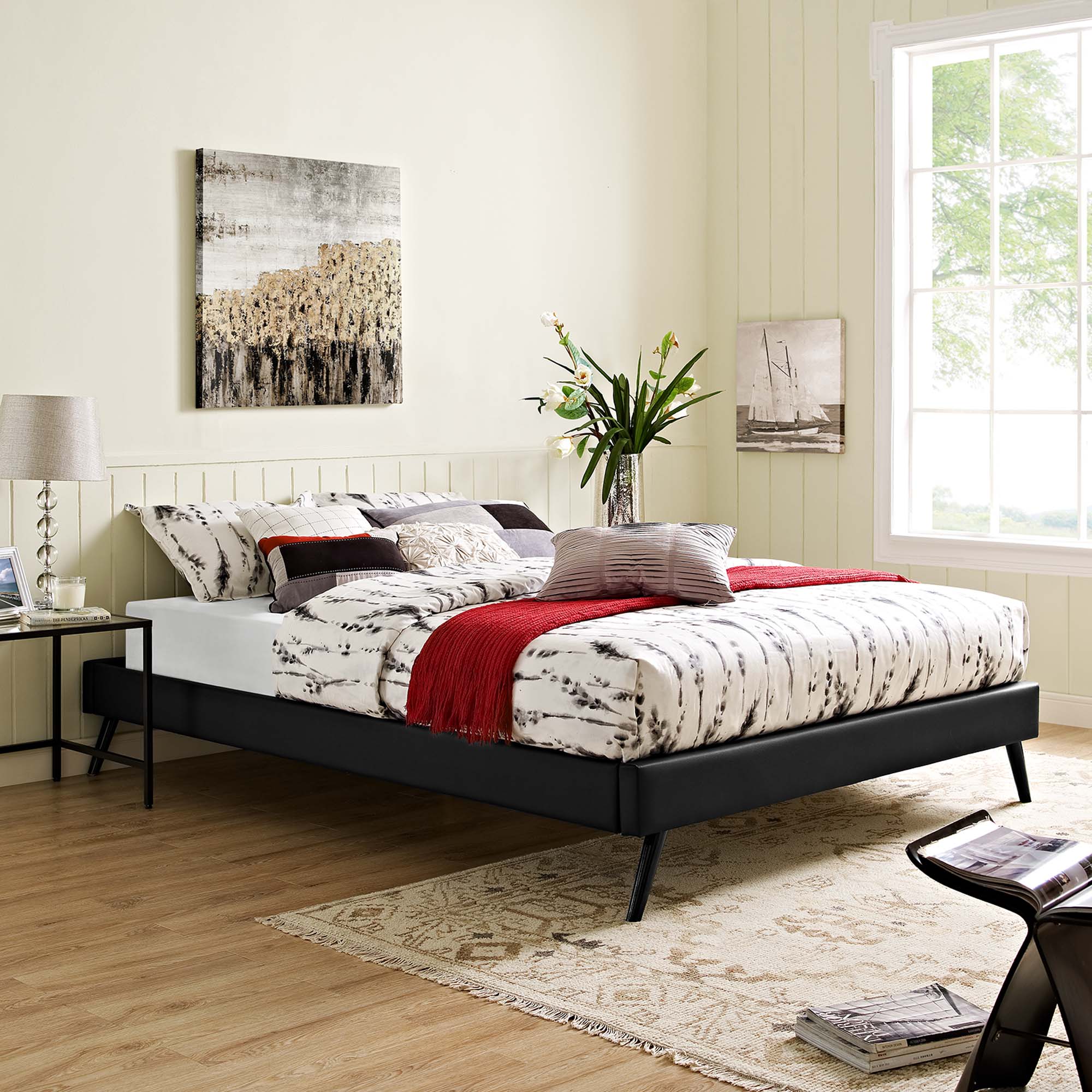 Loryn Vinyl Queen Bed Frame with Round Splayed Legs