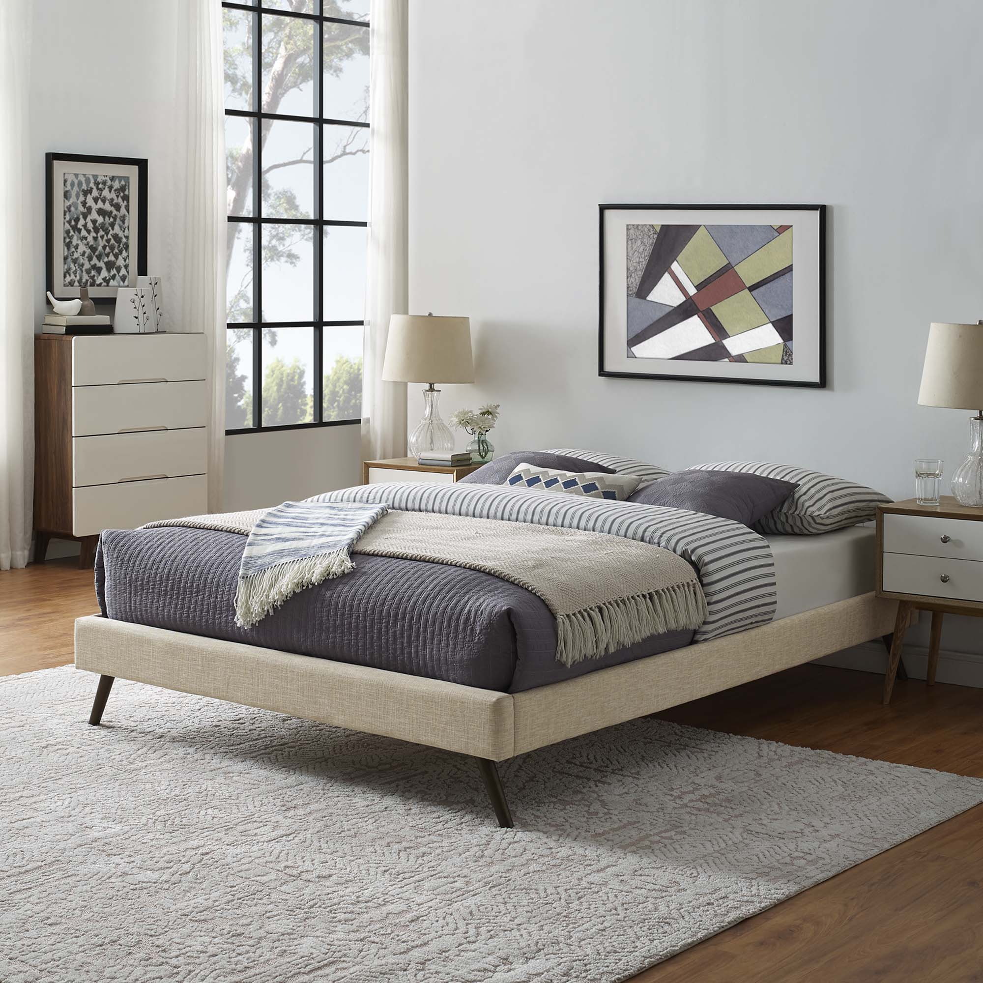 Loryn Fabric Queen Bed Frame with Round Splayed Legs, Beige