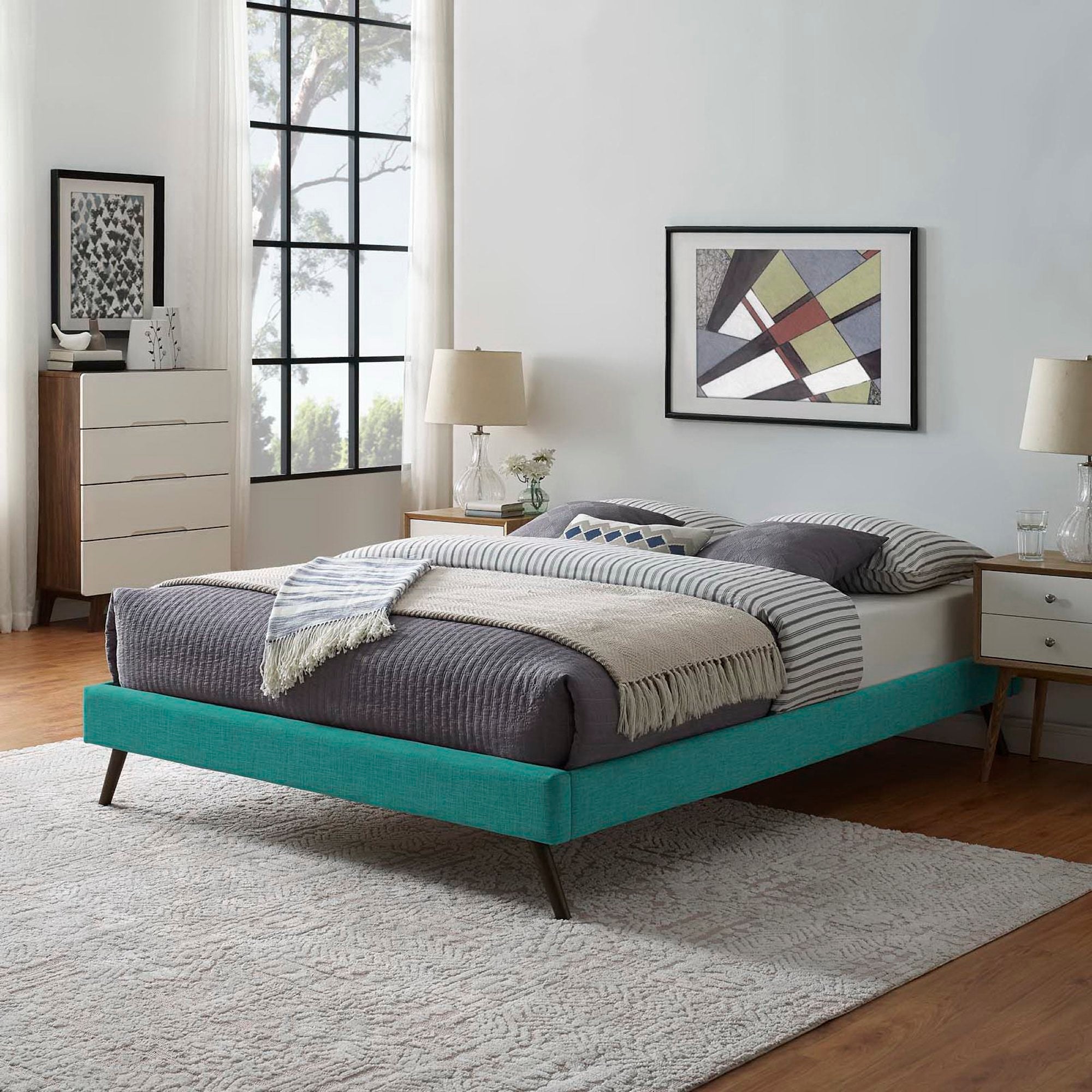 Loryn Fabric Queen Bed Frame with Round Splayed Legs, Teal