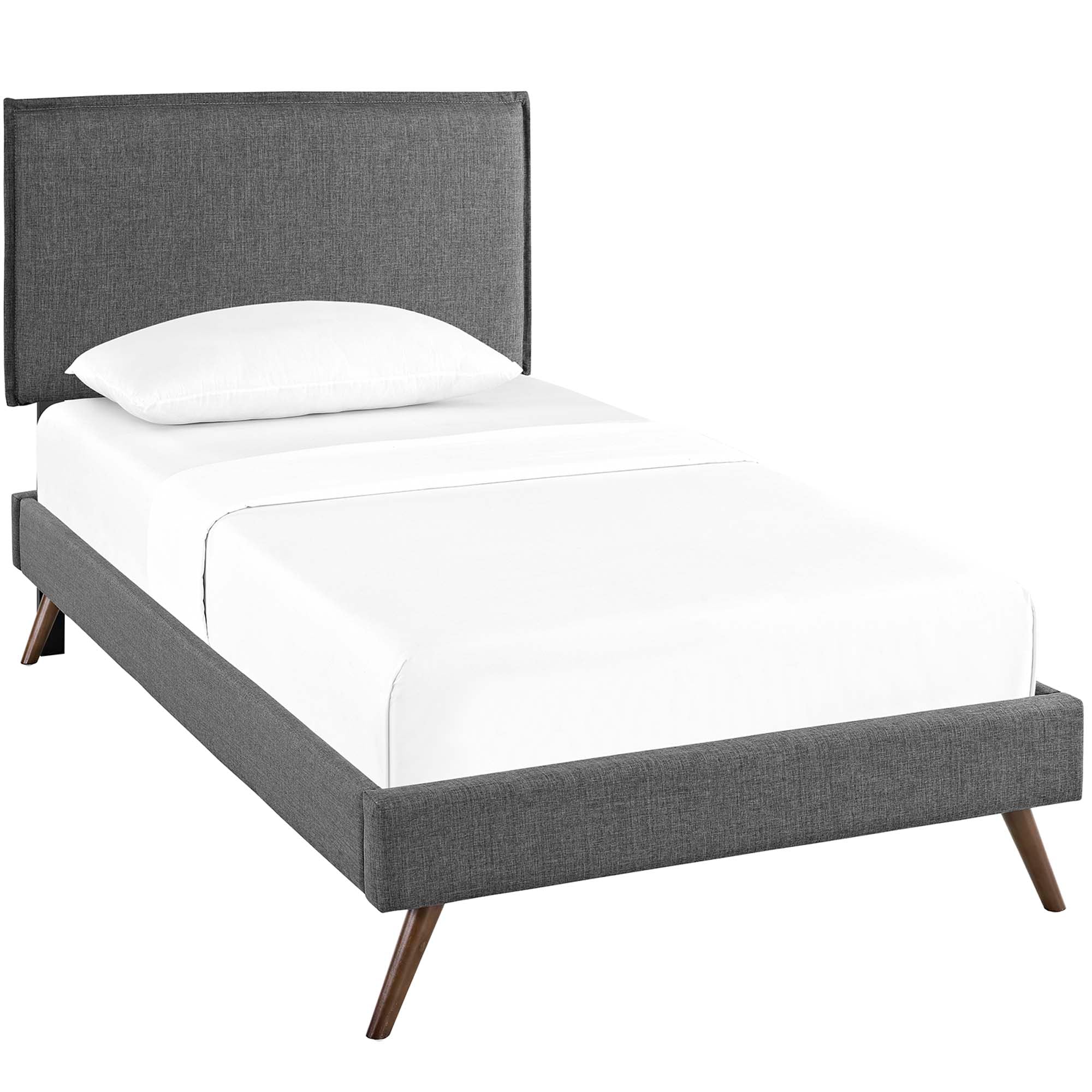 Zaria Twin Grey Platform Bed Frame – Modern Fabric Headboard with Splayed Legs